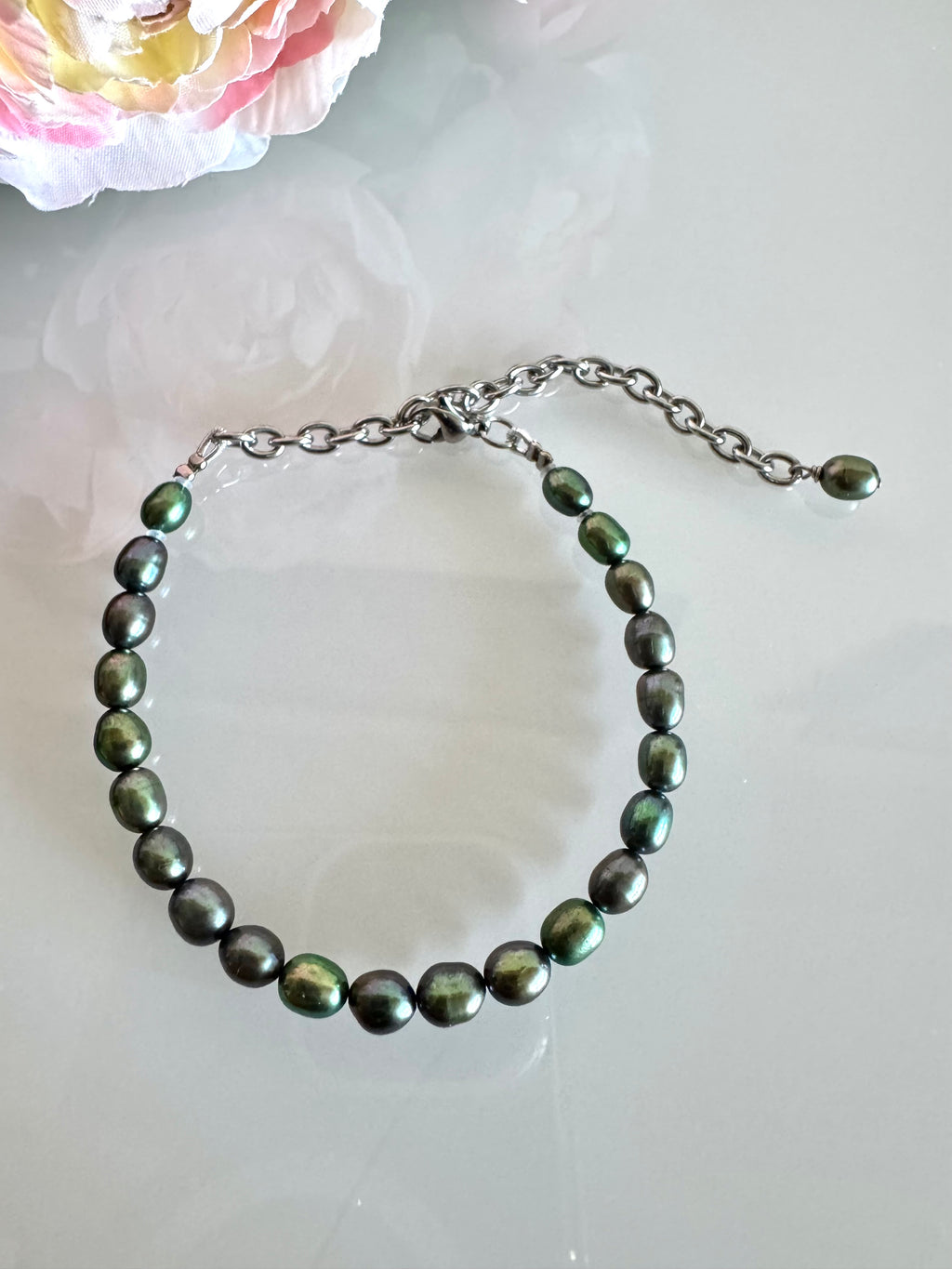 Freshwater oval shape black pearl bracelet with surgical stainless chain &clasps