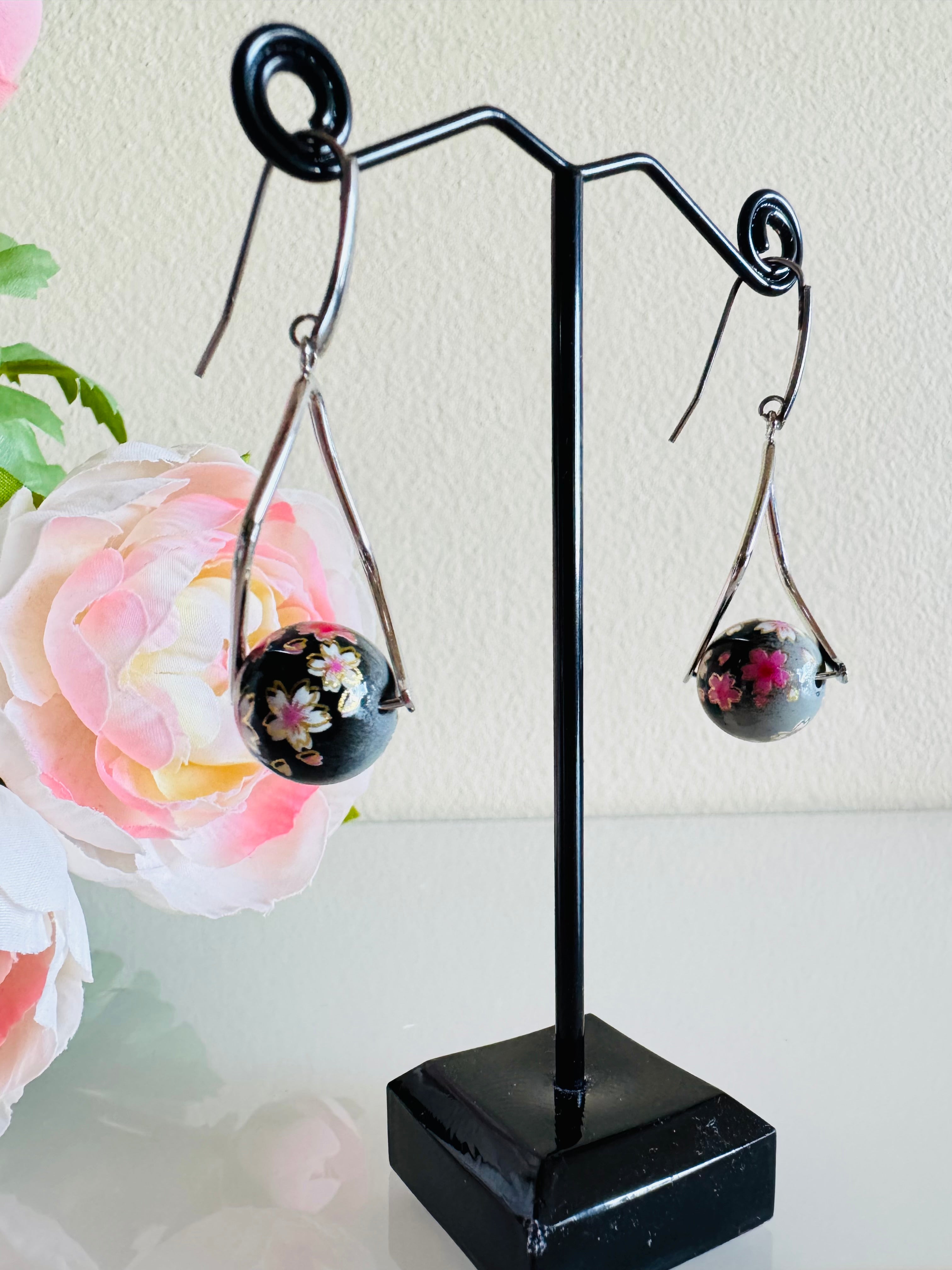 Japanese Tensha Beads Earrings - Black Sakura Floral | Stainless Steel Hooks