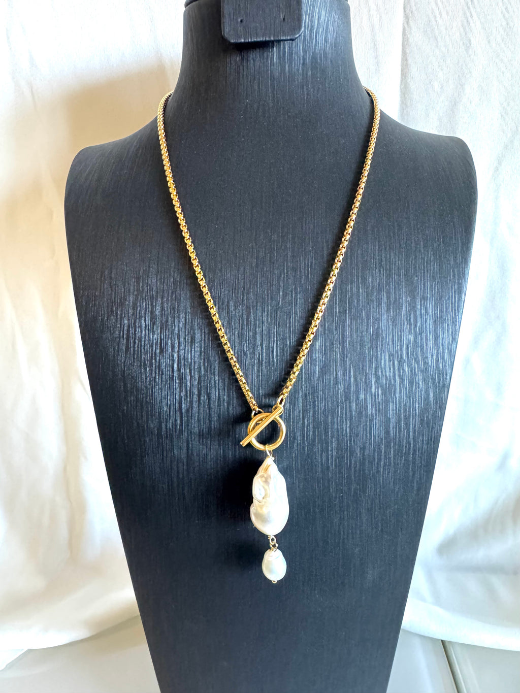 Handmade Baroque Pearl Toggle Necklace, Surgical Stainless Steel Chain, Minimalist Jewellery
