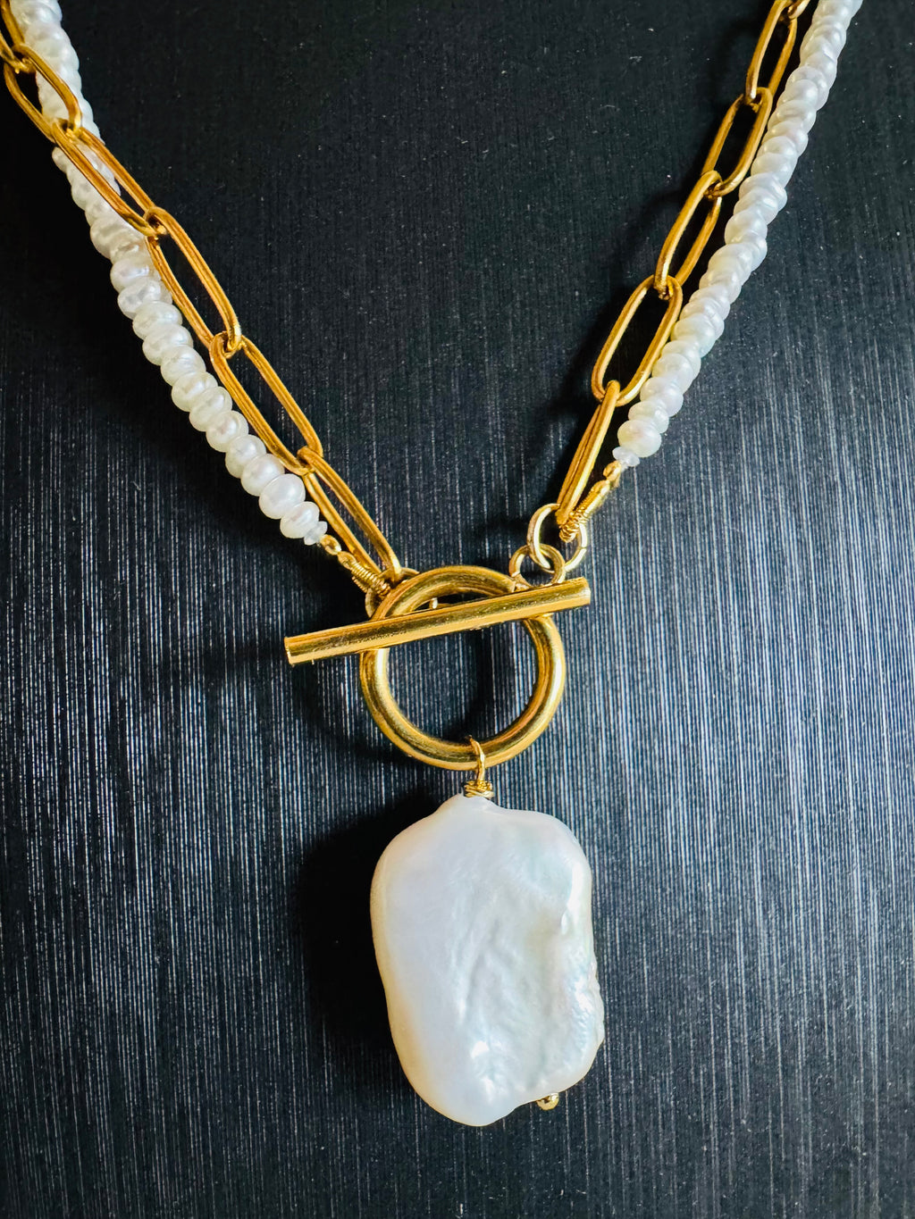 Large Rectangular Baroque Pearl Pendant Necklace, Surgical Stainless Gold Toggle Clasp and Chain, Freshwater Mini Pearls, Handmade Sydney