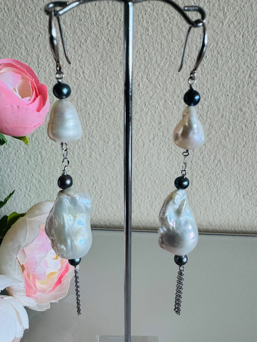 Large Freshwater Pearl Earrings with Sterling Silver Hooks and Surgical Stainless Settings and Chains