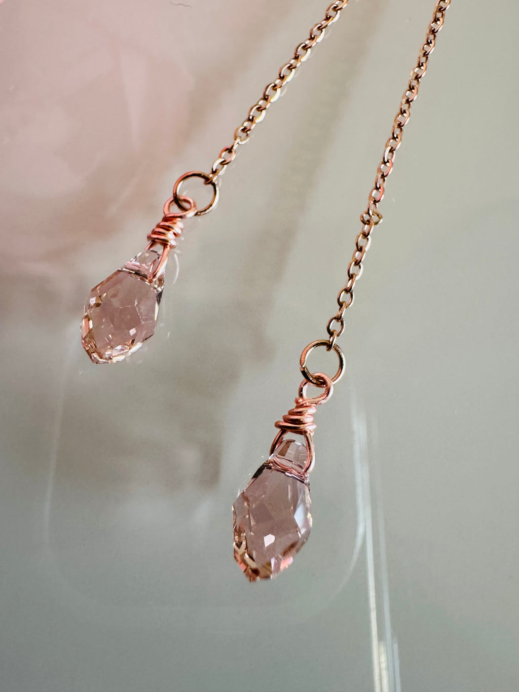Swarovski Crystal Drop Earrings, Surgical Stainless Rose Gold Dangle Chain Earrings, Handmade Australian Jewellery, Rosegold pink Colour