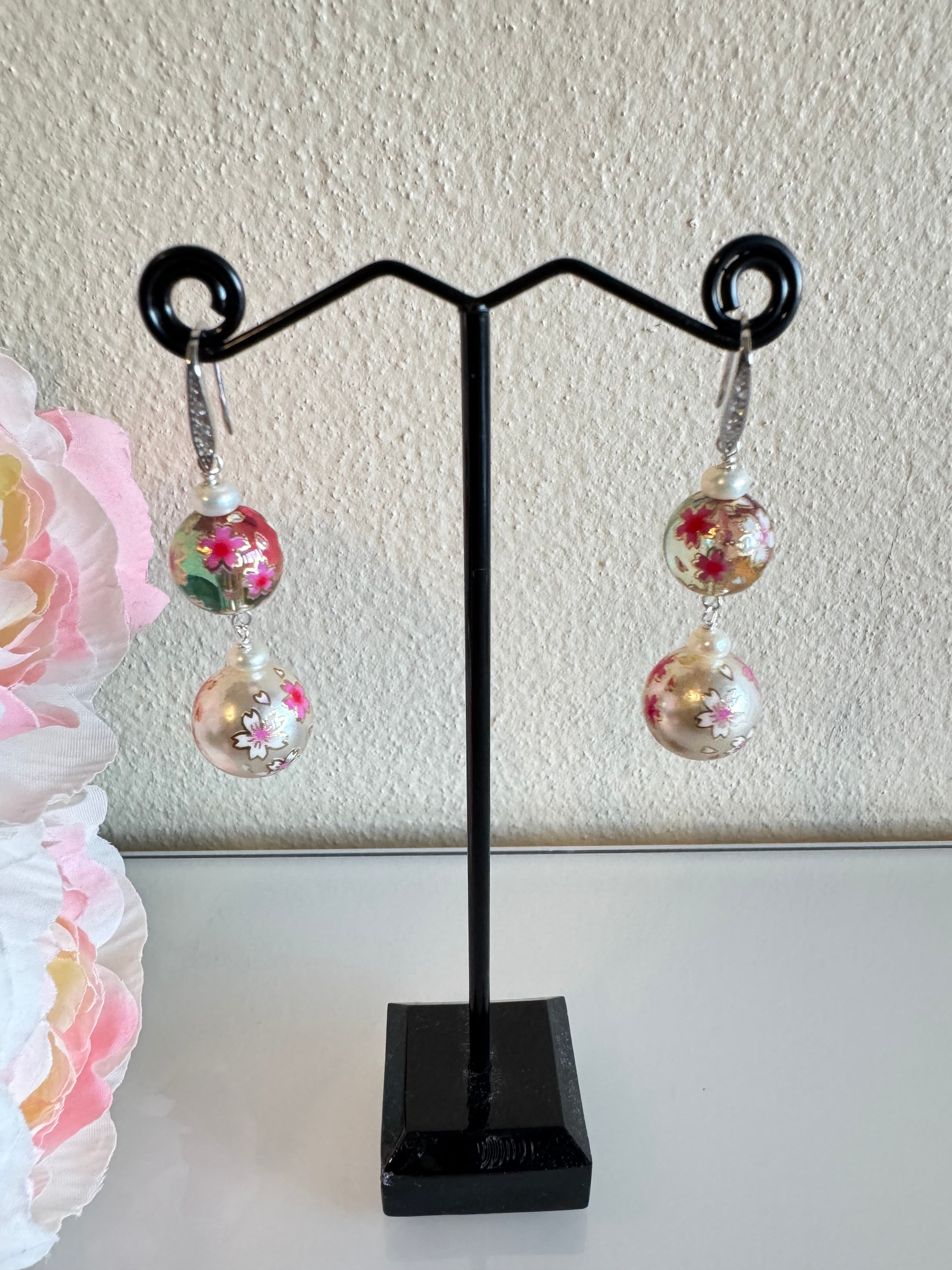 Sterling silver Japanese tensha beads and freshwater pearl earrings
