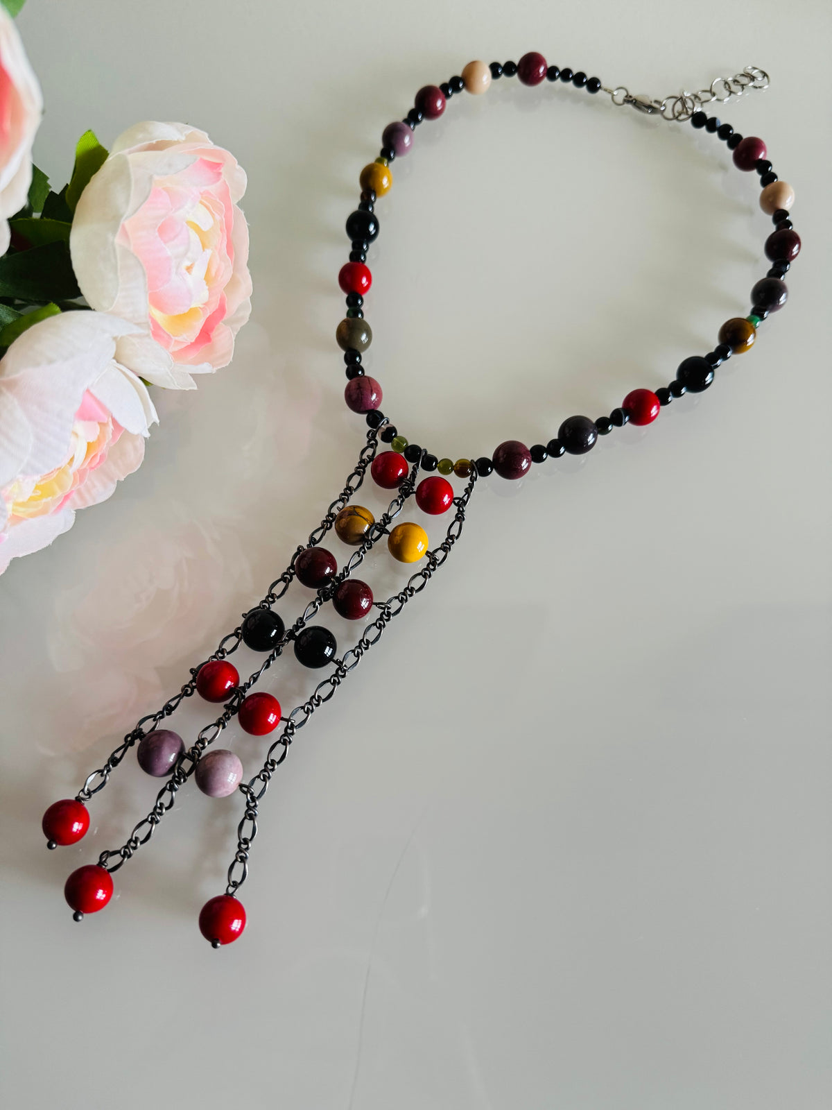 Mookaite Jasper and Red Shell Pearl Necklace, Surgical Stainless Steel Clasp, Tarnish Resistant Brass Chain, Gift for Her, Handmade Sydney