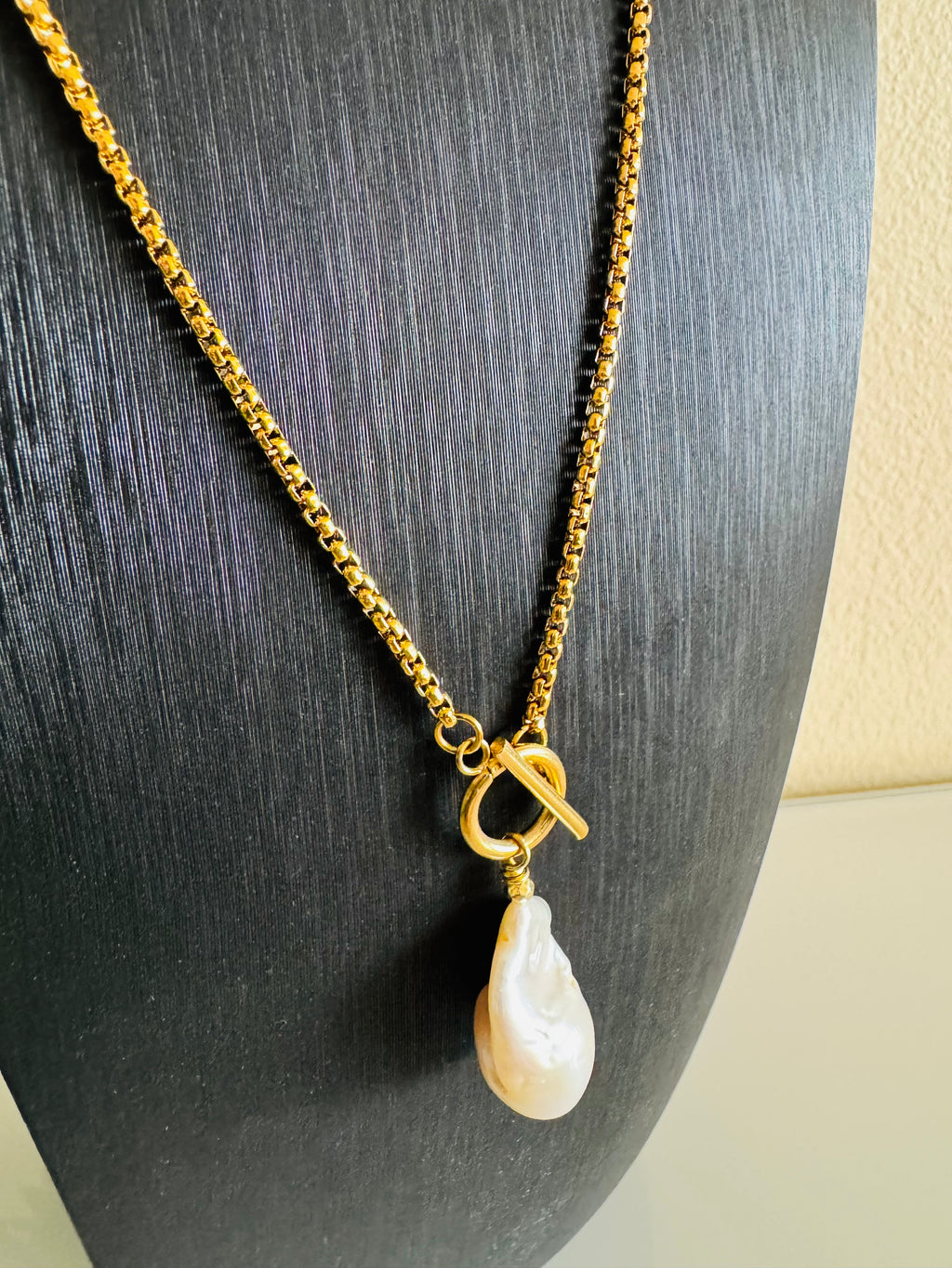 Handmade Freshwater Pearl Dangle Necklace, Gold Surgical Stainless Steel Chain & Toggle, Tarnish Free Waterproof Jewellery, Minimalist