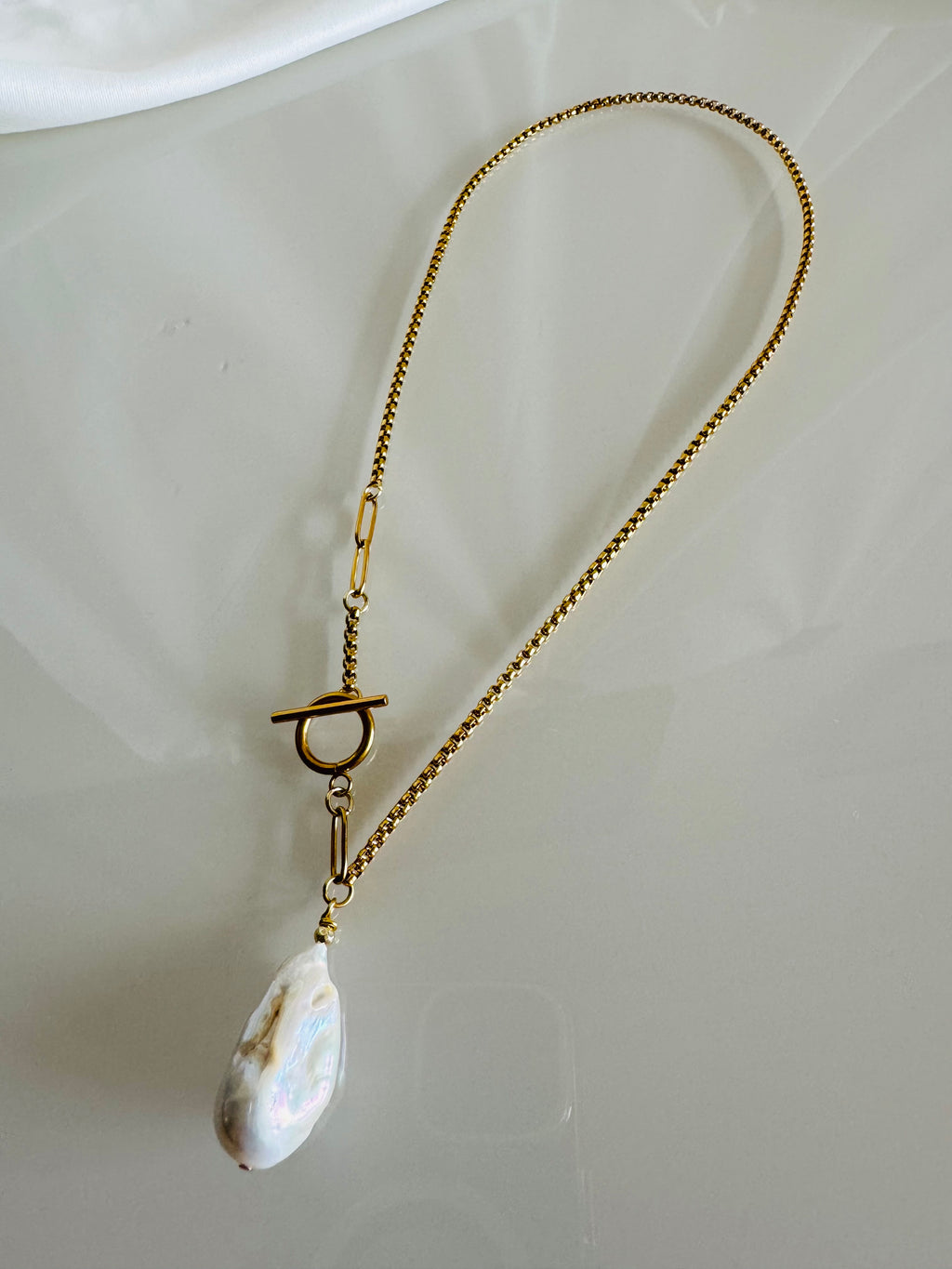 Handmade Baroque Pearl Toggle Necklace, Gold Stainless Steel Chain, Statement Jewellery