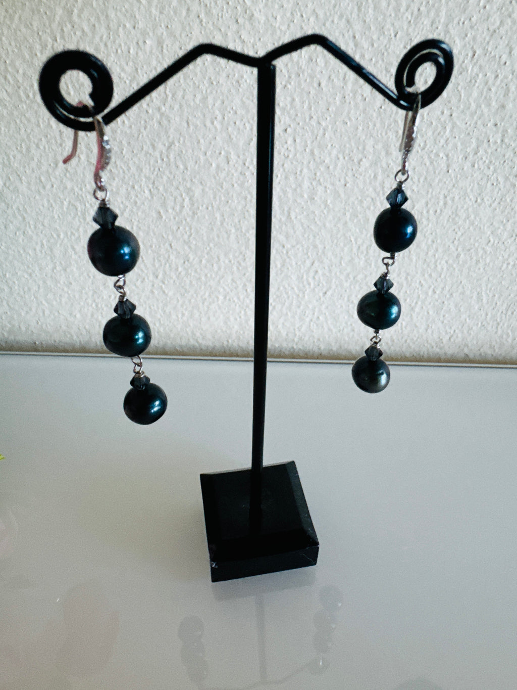 Black Freshwater Off Round Pearl Drop Trilogy Earrings With 925 Silver Hooks, Swarovski Crystals, Dangle Earrings, Anniversary Gift,