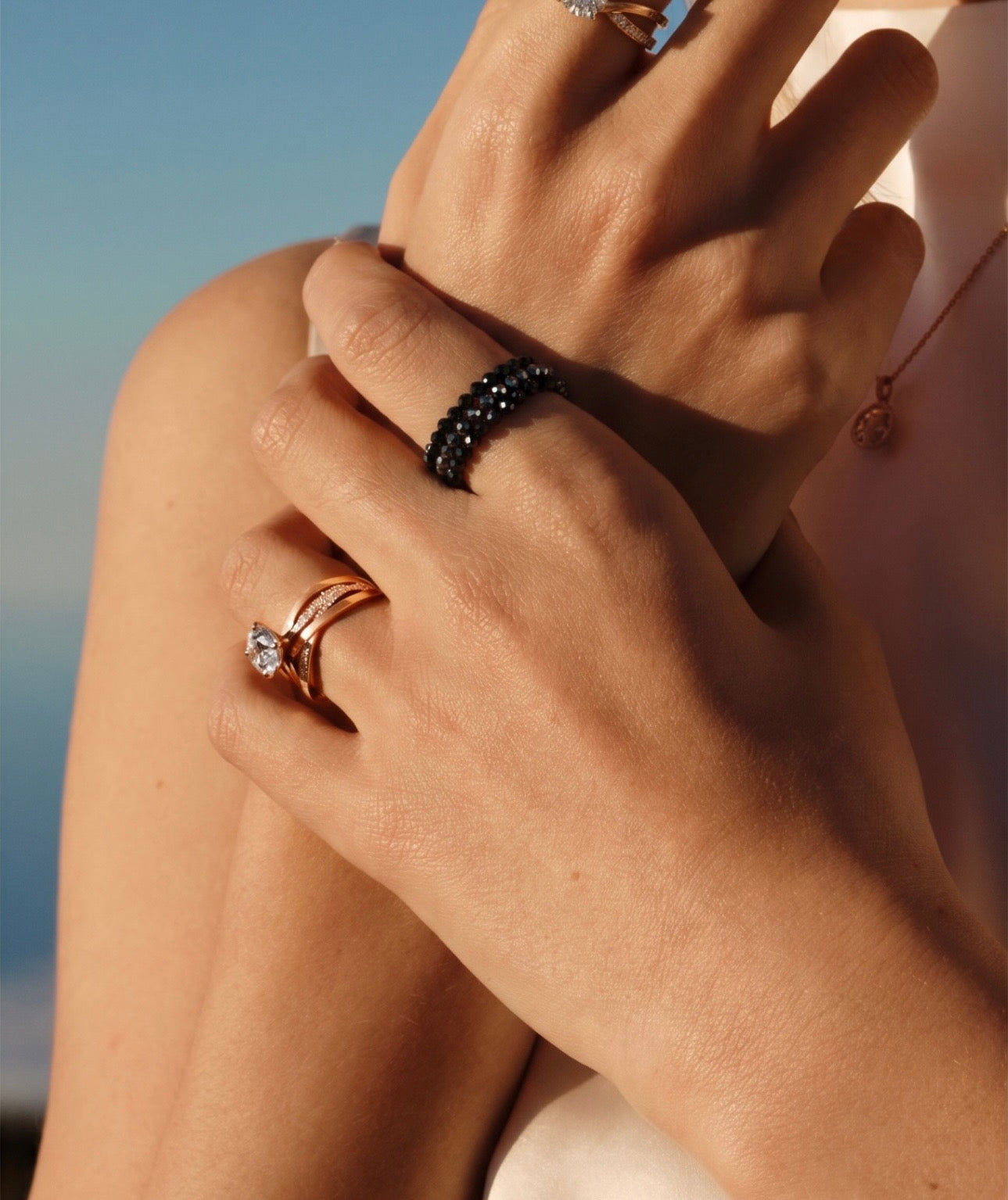 Black spinel and herahertz stone (faceted) free size memory wire ring