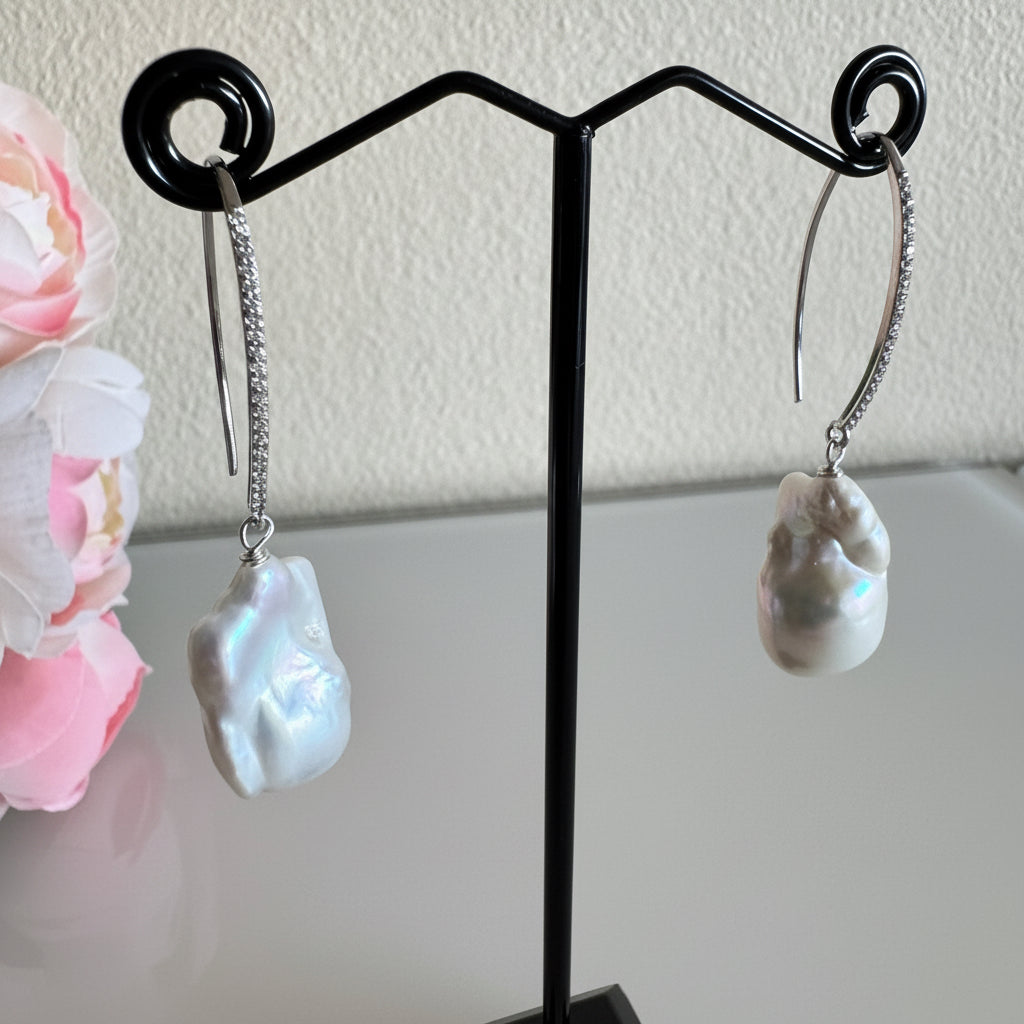 Sterling silver freshwater baroque pearl earrings with cubic zirconia melee stones