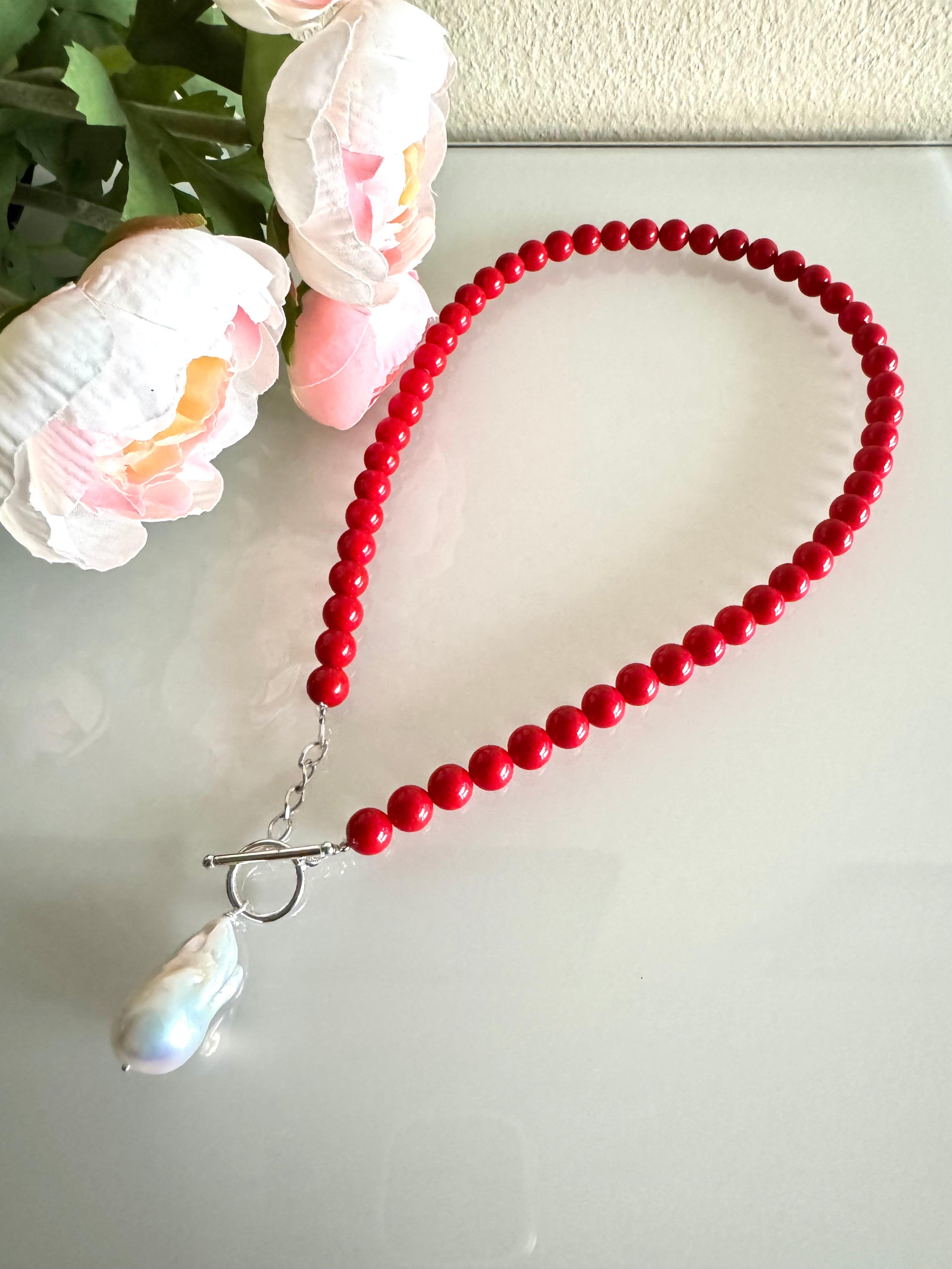 Sterling silver freshwater baroque pearl and red shell pearl necklace