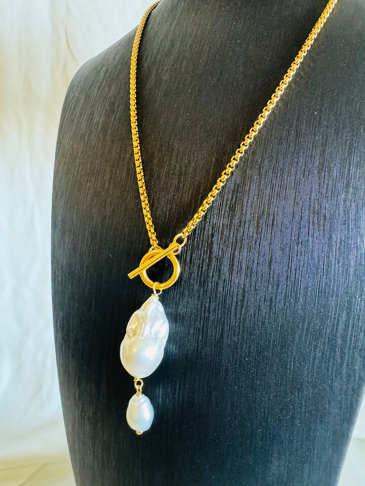 Handmade Baroque Pearl Toggle Necklace, Surgical Stainless Steel Chain, Minimalist Jewellery
