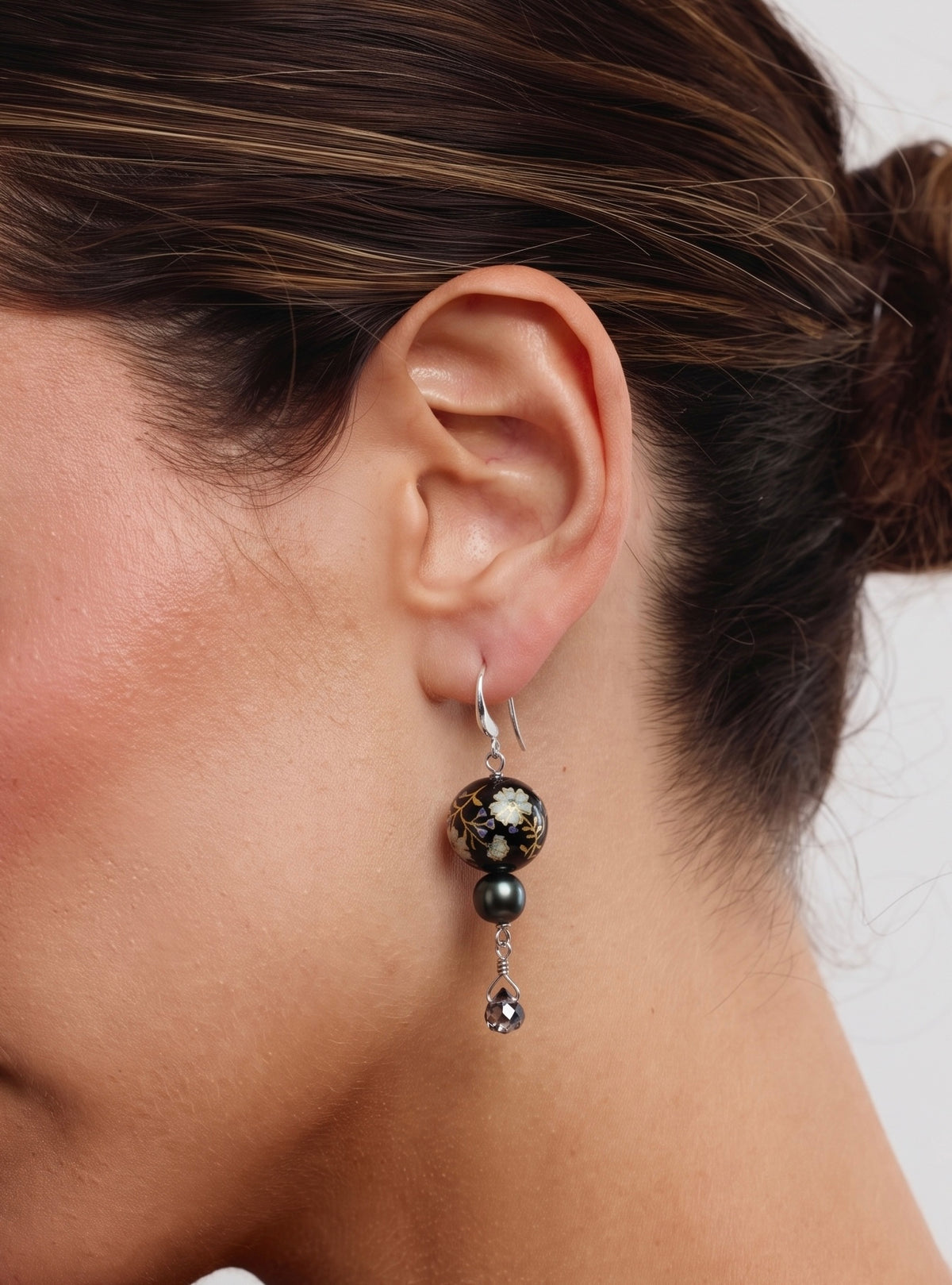 Japanese Tensha Bead Earrings, Sterling Silver Freshwater Black Pearl Dangle Earrings, Crystal Glass, Handmade Floral Drop Jewellery