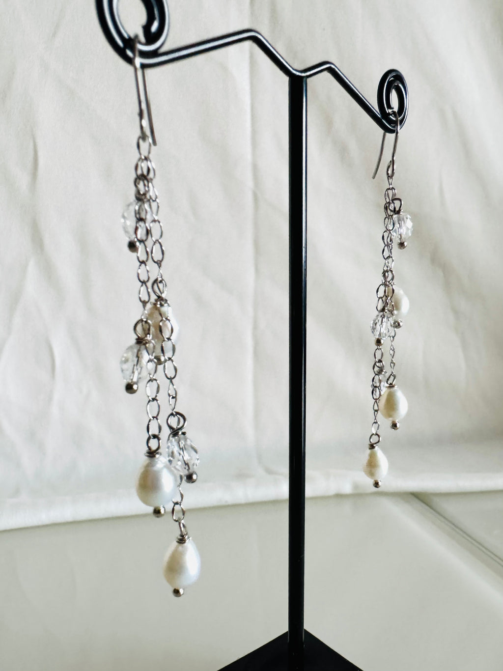 Handcrafted Teardrop Freshwater Pearl & Swarovski Crystal Earrings – Elegant Long Drop Jewelry