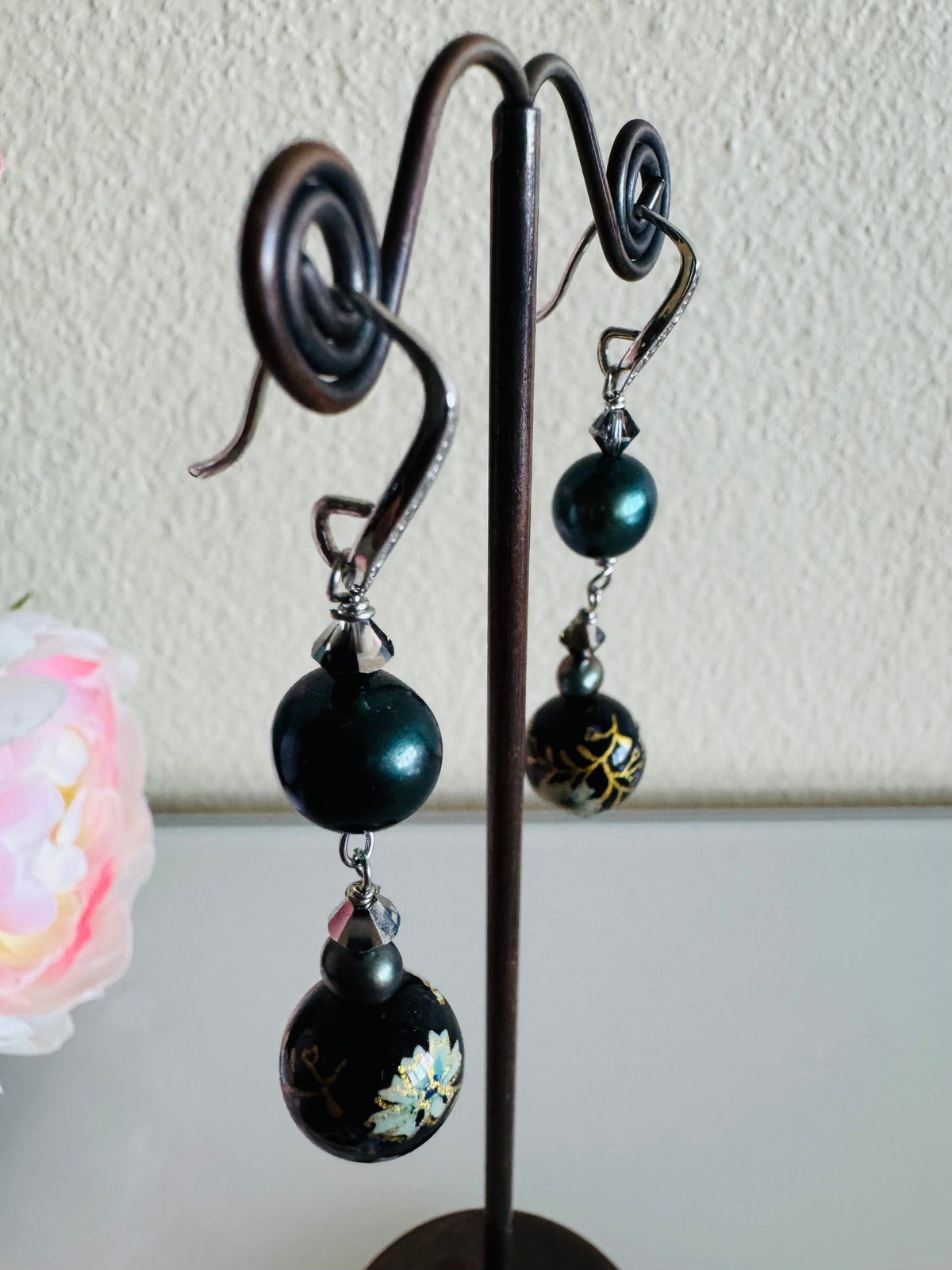 Japanese Tensha Bead Earrings, Sterling Silver Freshwater Black Pearl Dangle Earrings, Swarovski Crystal, Handmade Floral Drop Jewellery