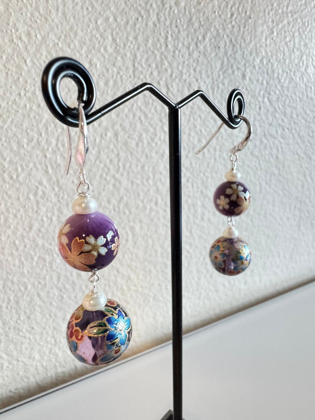 Sterling silver Japanese tensha beads and freshwater pearl earrings