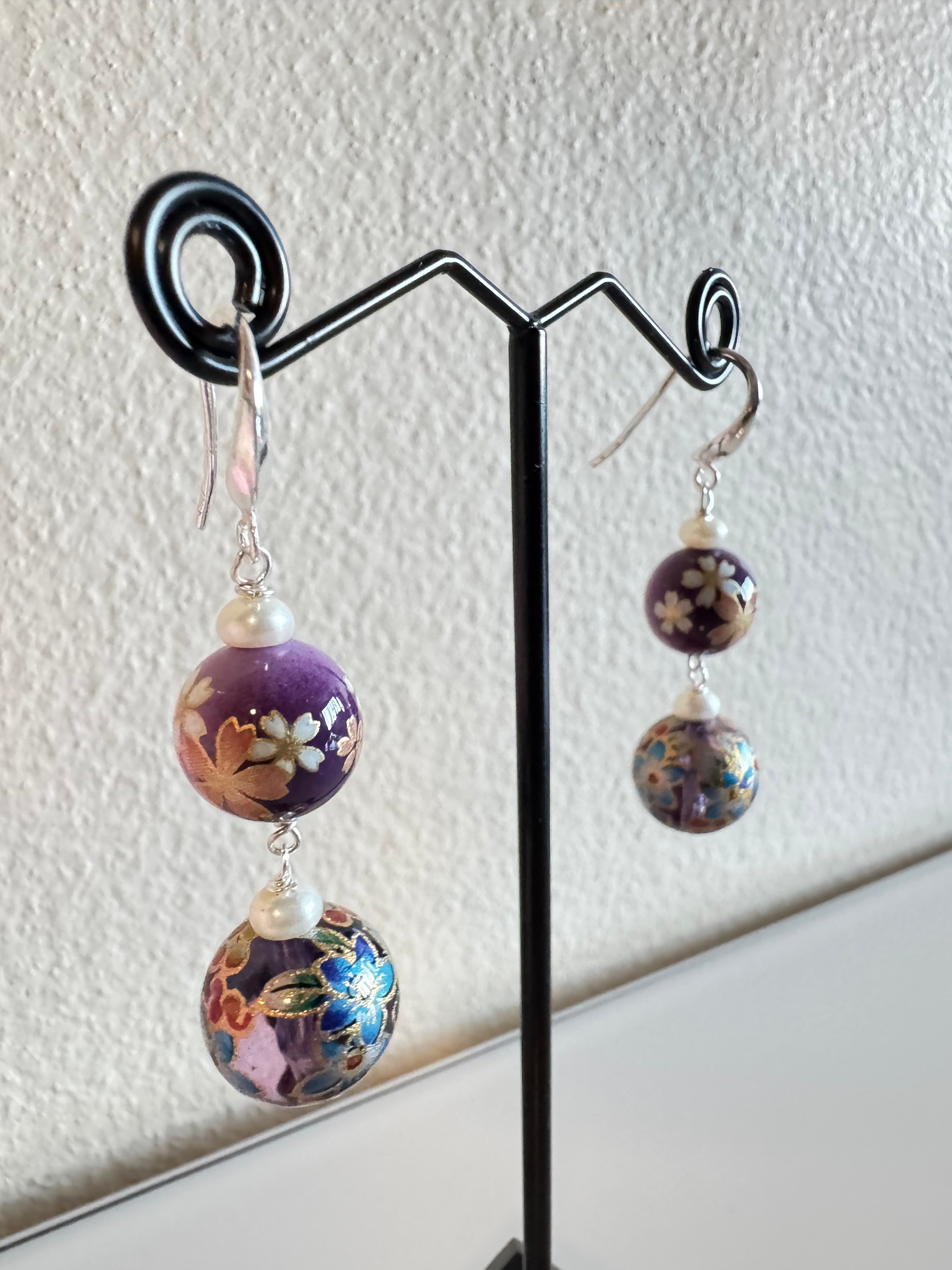 Sterling silver Japanese tensha beads and freshwater pearl earrings