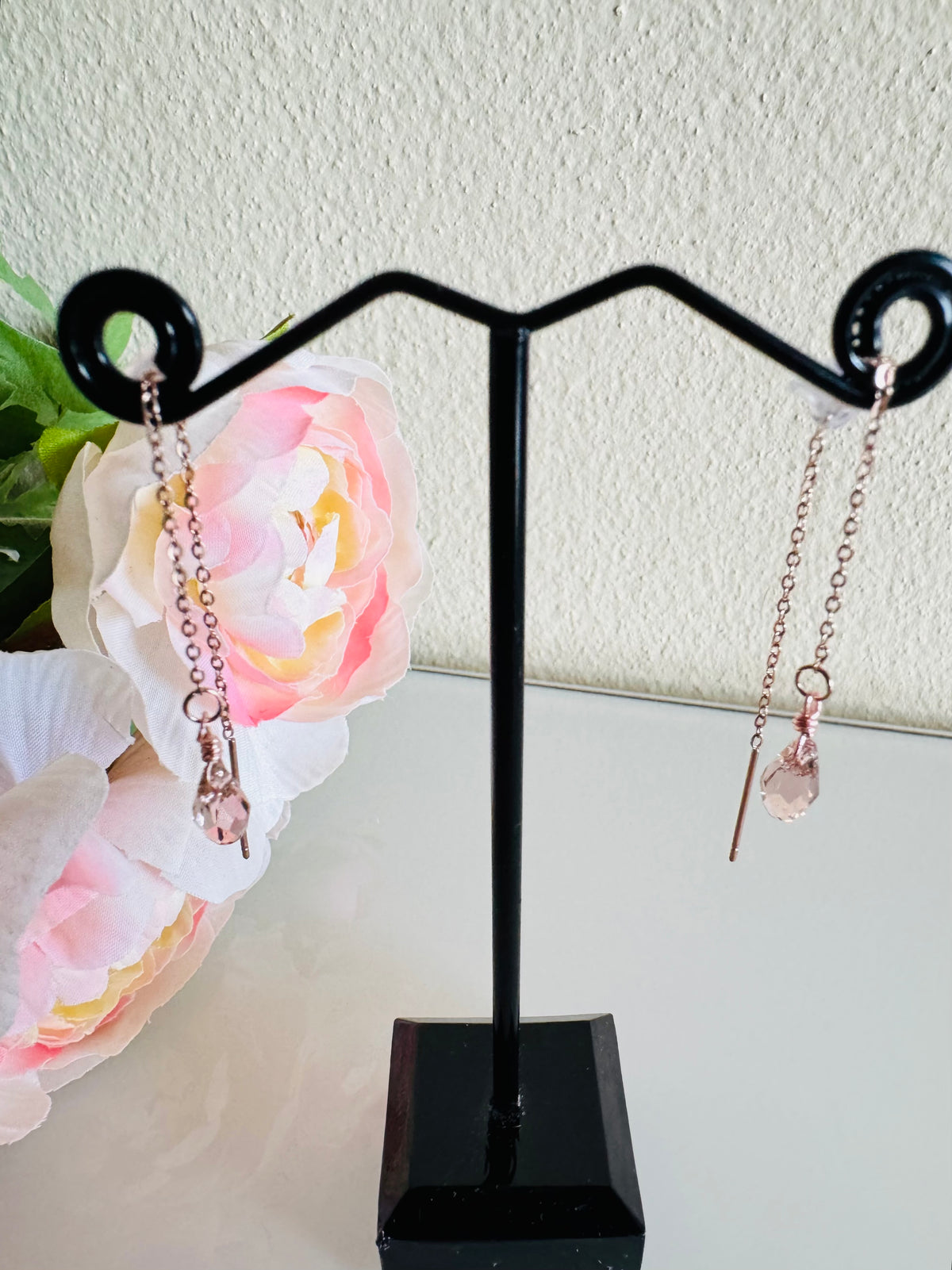 Swarovski Crystal Drop Earrings, Surgical Stainless Rose Gold Dangle Chain Earrings, Handmade Australian Jewellery, Rosegold pink Colour