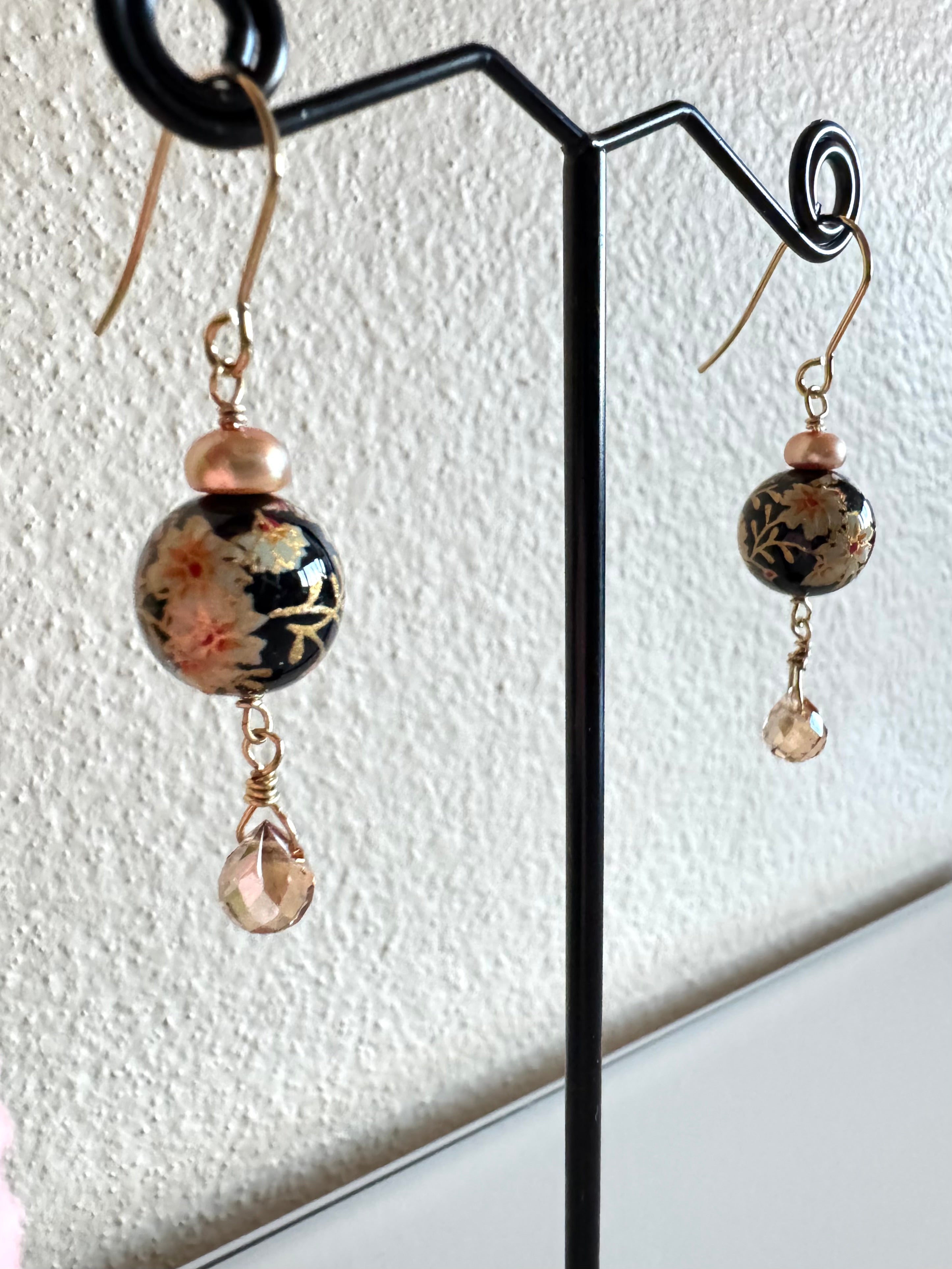 Japanese tensha beads and freshwater pearl earrings with surgical stainless gold hooks (Tarnish free)