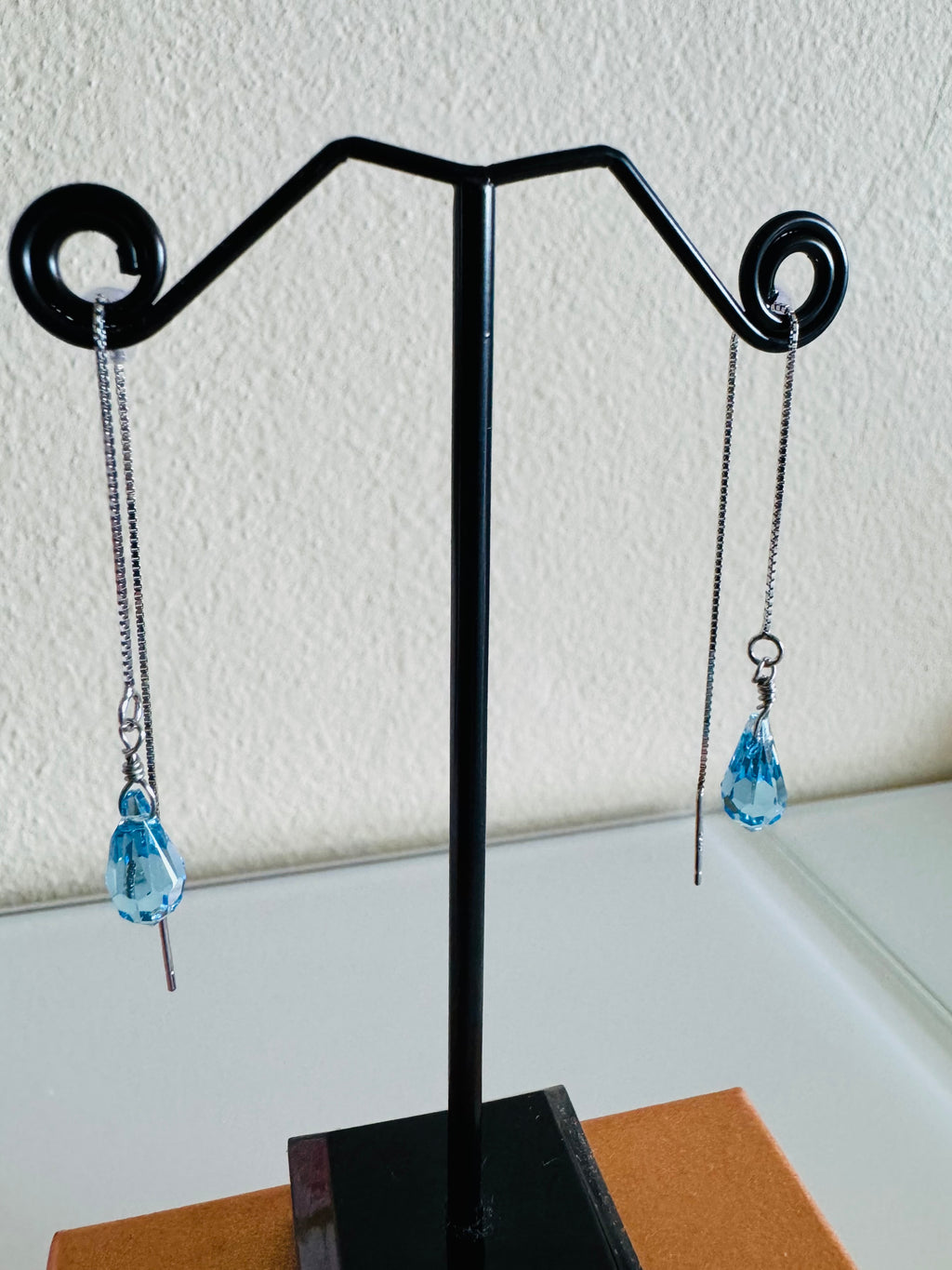Swarovski Crystal Drop Earrings, Sterling Silver Aqua Blue Dangle Chain Earrings, Handmade Australian Jewellery, Rodium Plated Silver