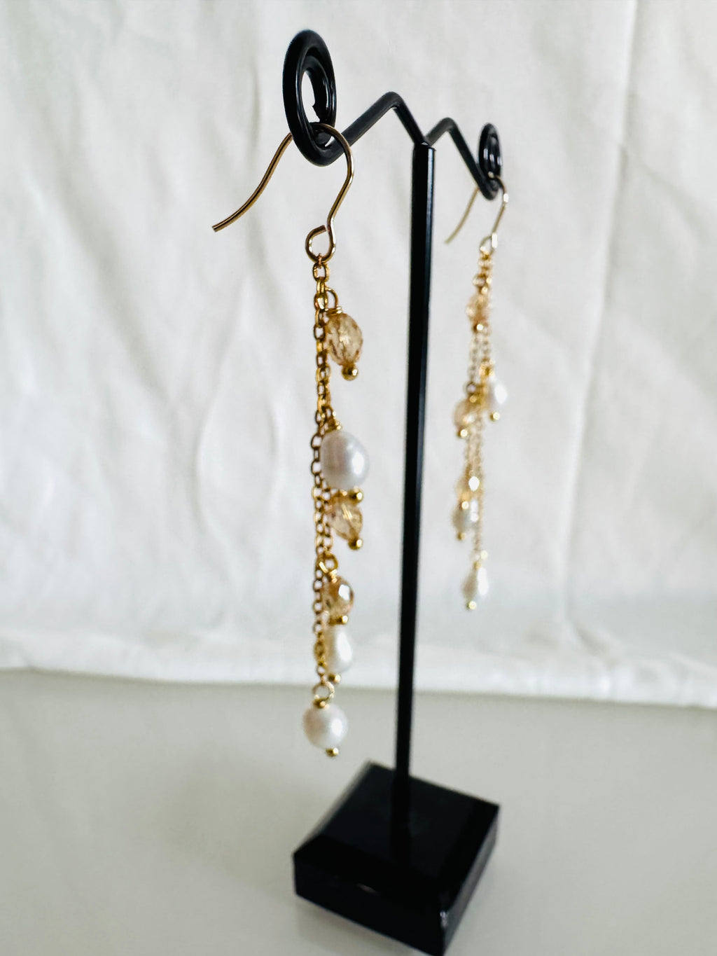 Teardrop Freshwater Pearl & Swarovski Crystal Earrings – Surgical Stainless Gold, Long Drop