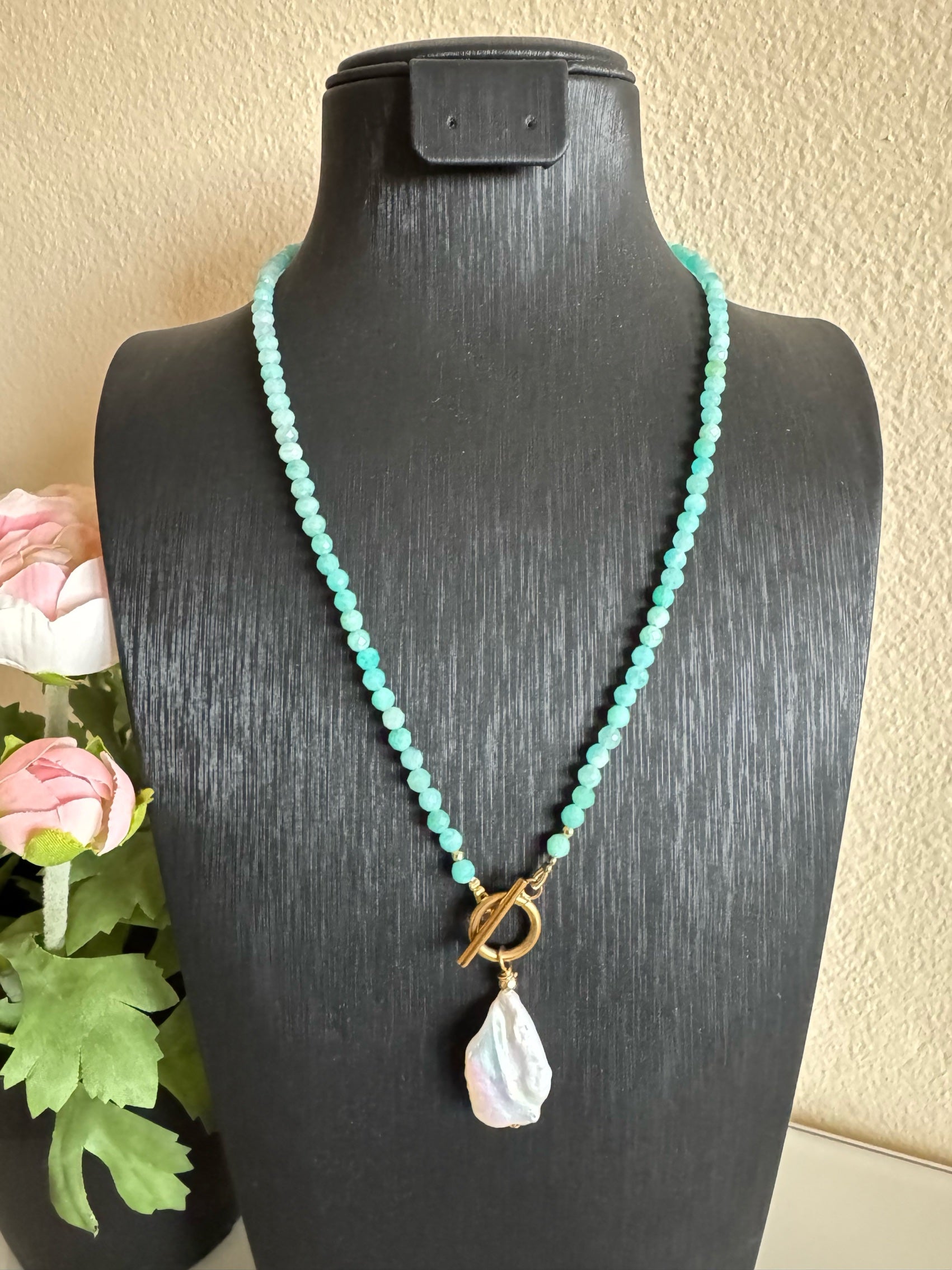 Amazonite and freshwater pearl necklace with stainless gold clasps