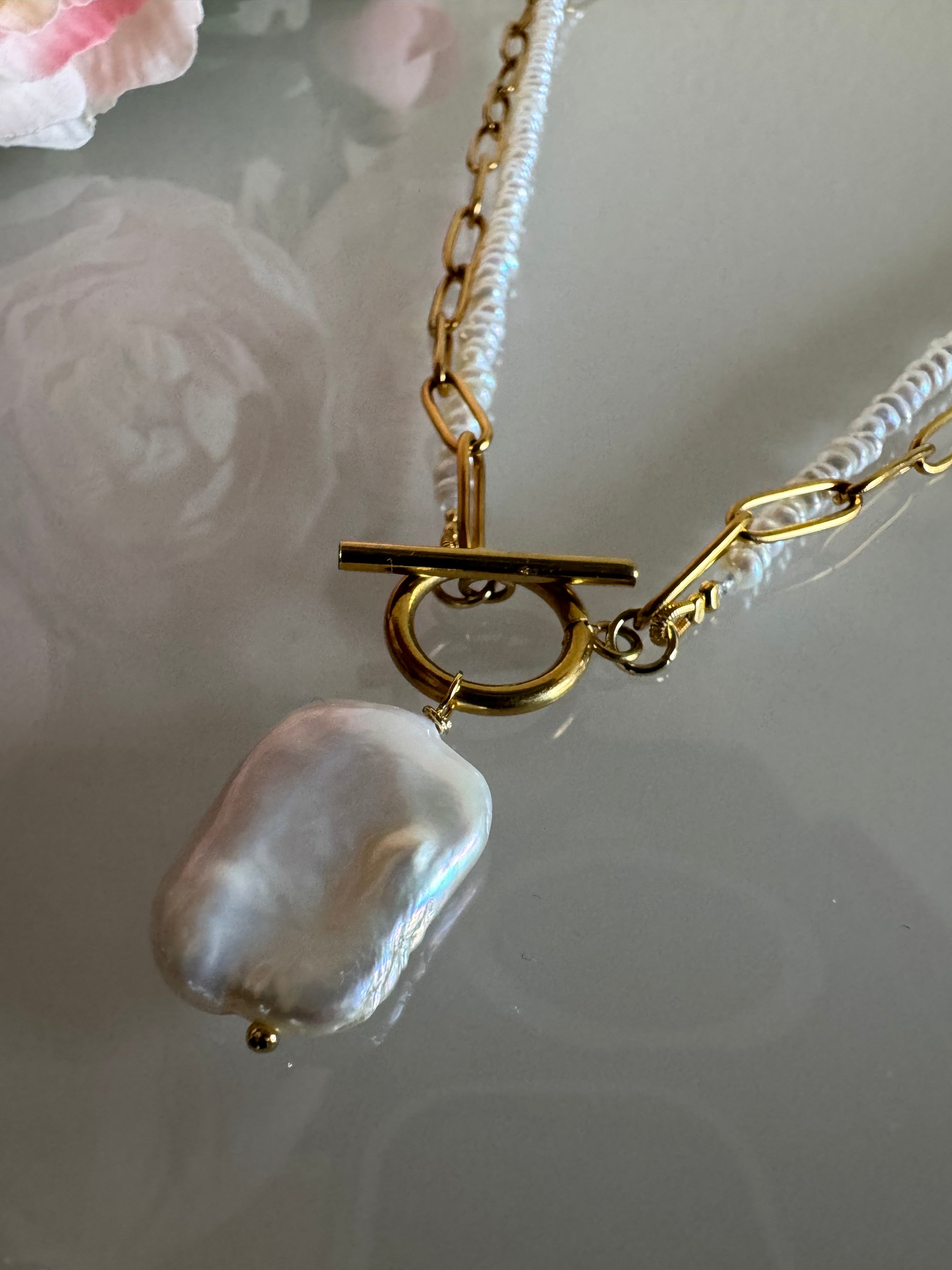Large Rectangular Baroque Pearl Pendant Necklace, Surgical Stainless Gold Toggle Clasp and Chain, Freshwater Mini Pearls, Handmade Sydney