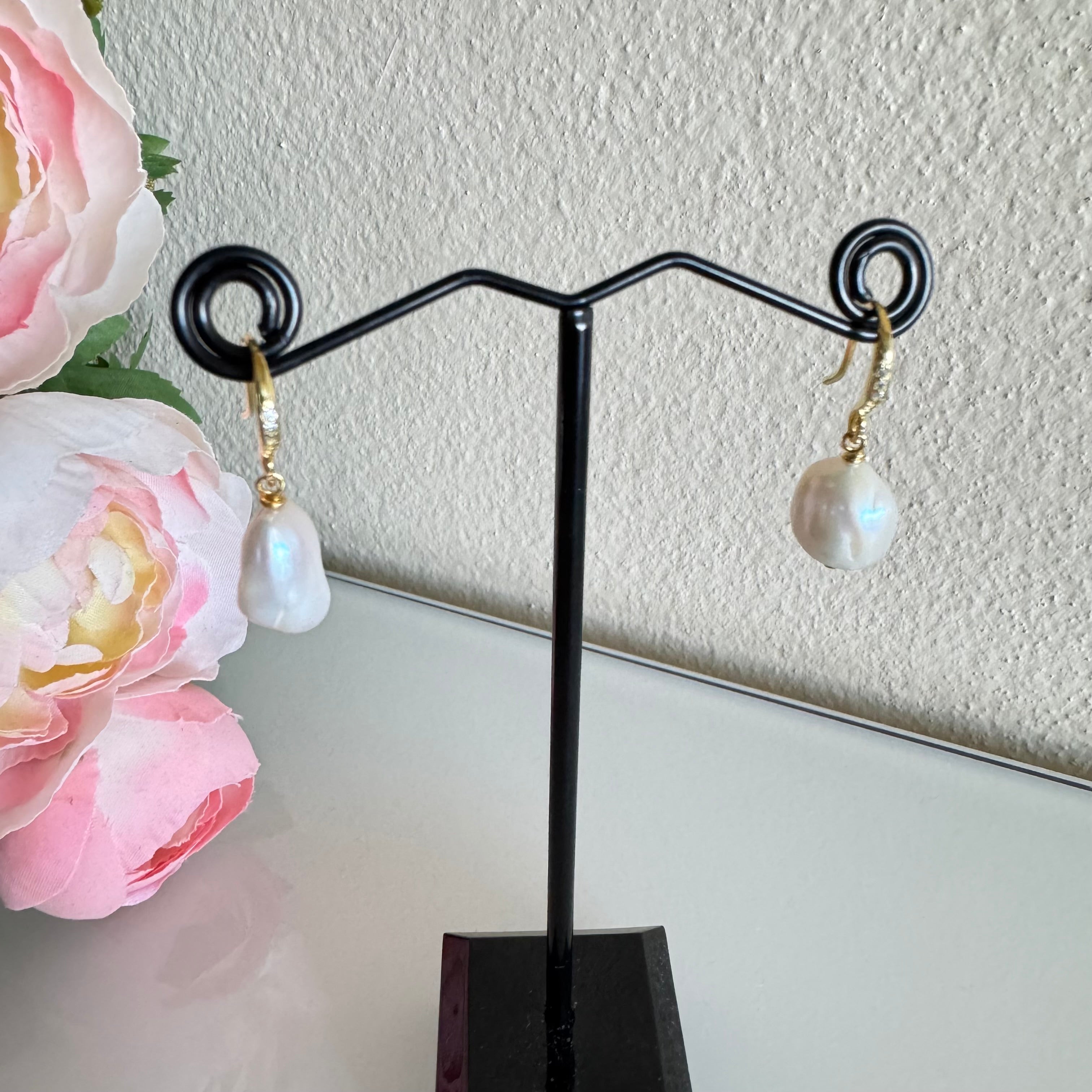 Sterling silver gold plated freshwater baroque pearl earrings with cubic zirconia melees