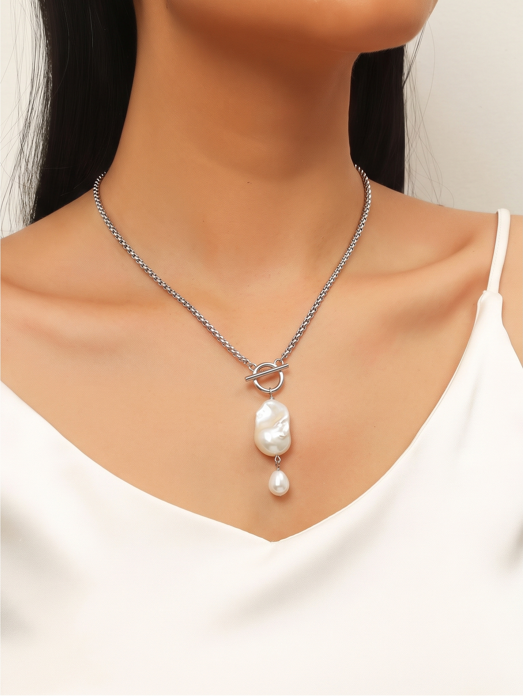 Handmade Baroque Pearl Toggle Necklace, Surgical Stainless Steel Chain, Minimalist Jewelry