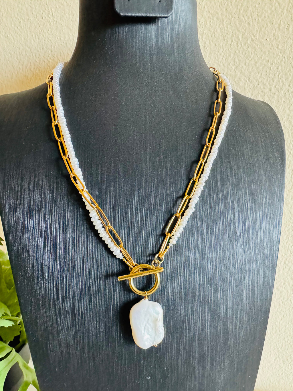Large Rectangular Baroque Pearl Pendant Necklace, Surgical Stainless Gold Toggle Clasp and Chain, Freshwater Mini Pearls, Handmade Sydney