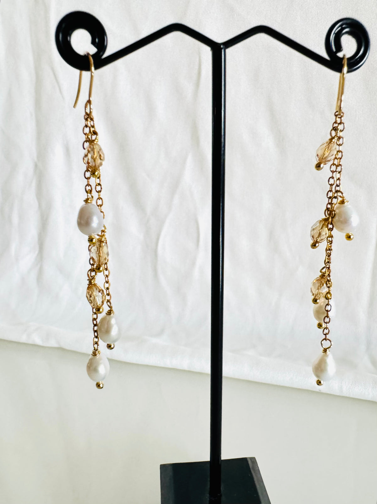 Teardrop Freshwater Pearl & Swarovski Crystal Earrings – Surgical Stainless Gold, Long Drop