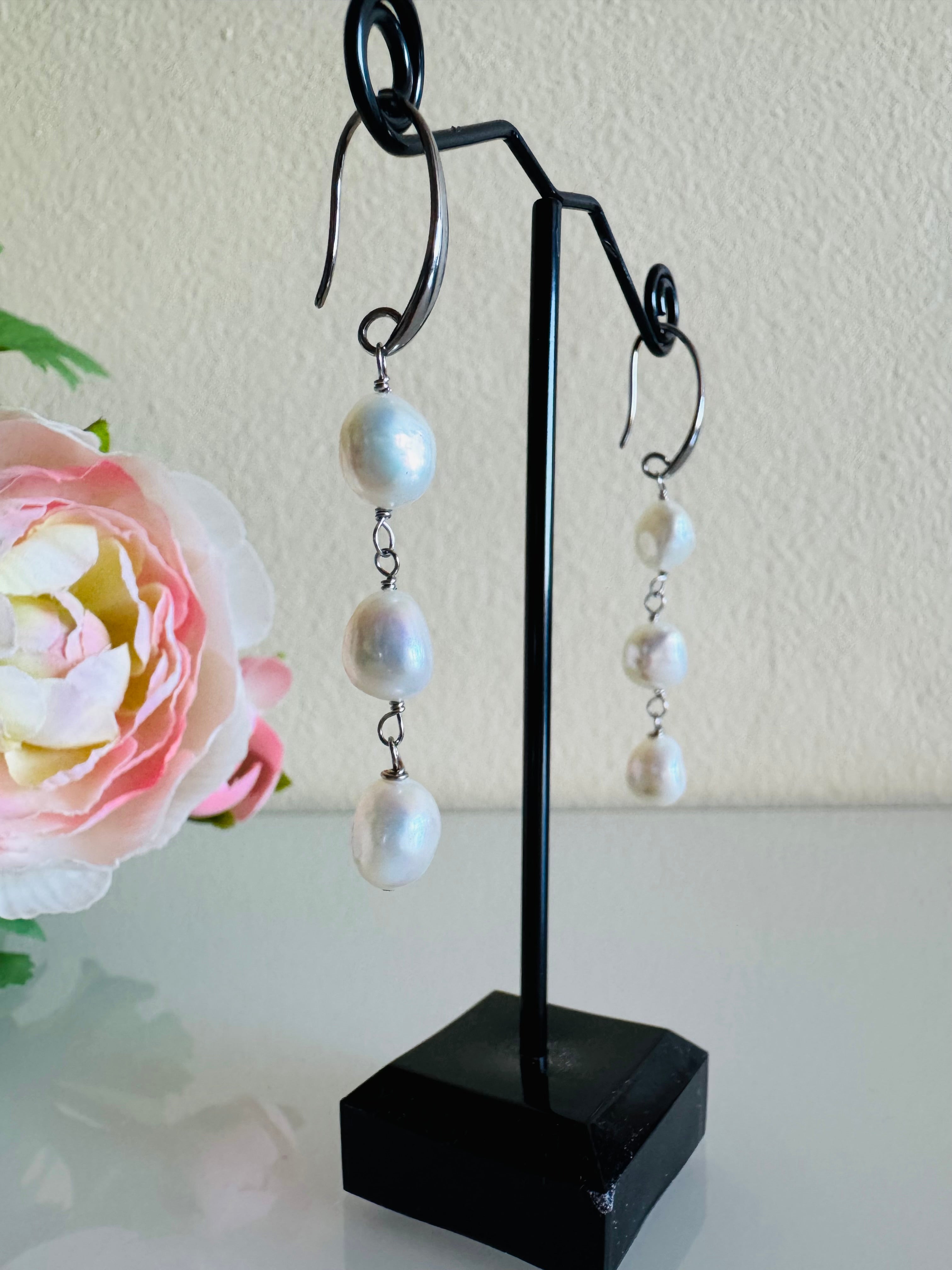 Freshwater Off Round White Pearl Trilogy Earrings with Surgical Stainless Settings, Tarnish Fee, Waterproof, Handmade Australia, Gift for Her