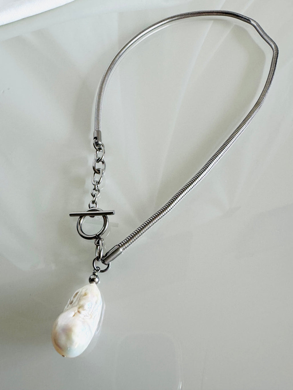 Handmade Baroque Pearl Toggle Necklace, Surgical Stainless Steel Chain, Statement Jewellery
