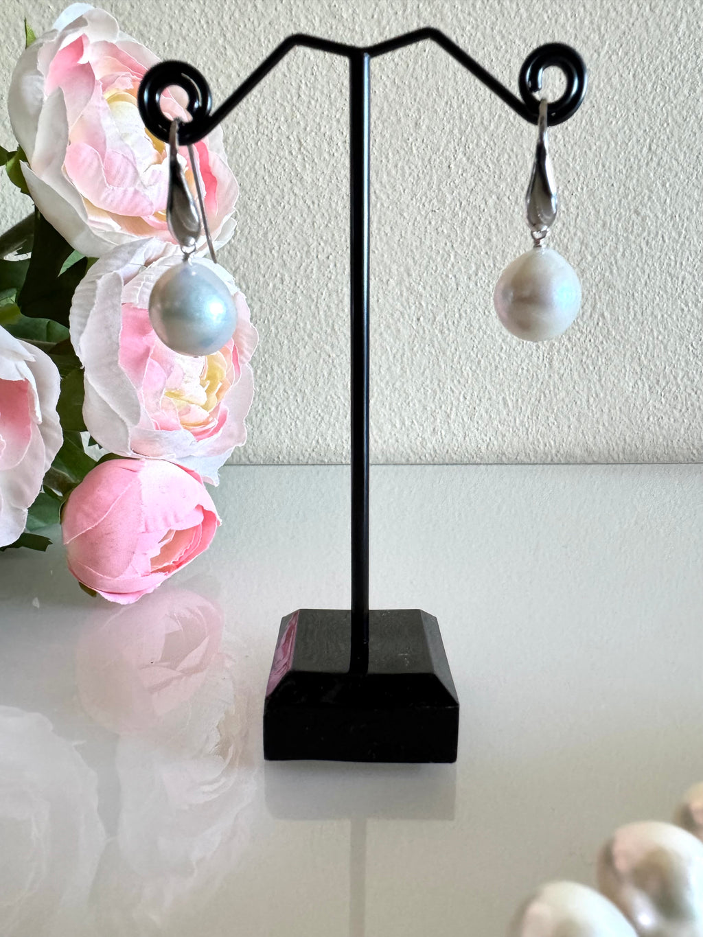 Sterling Silver Semi Round Freshwater Drop Pearl Earrings,Handmade Australia, Gift for Her