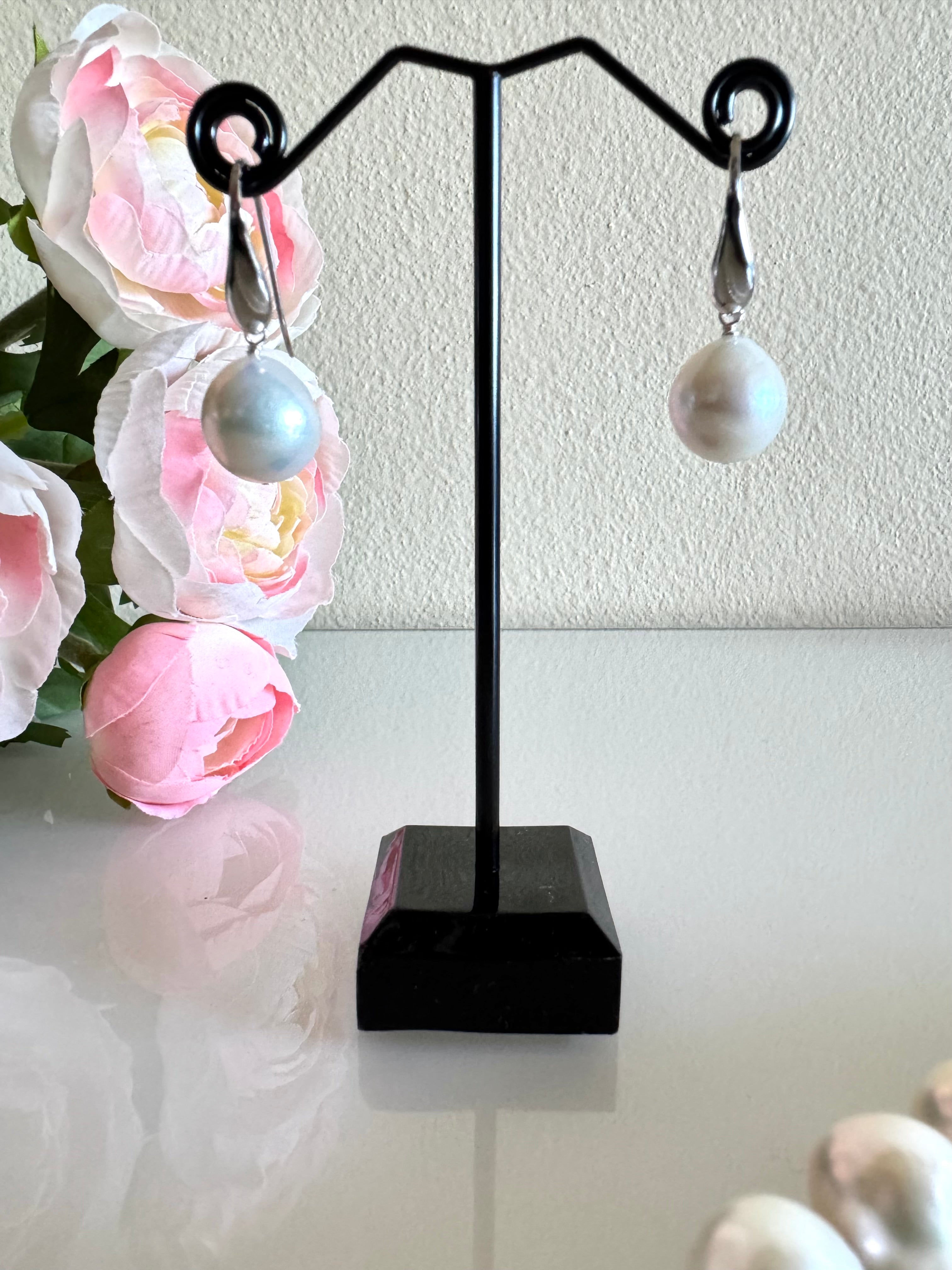 Sterling Silver Semi Round Freshwater Drop Pearl Earrings,Handmade Australia, Gift for Her
