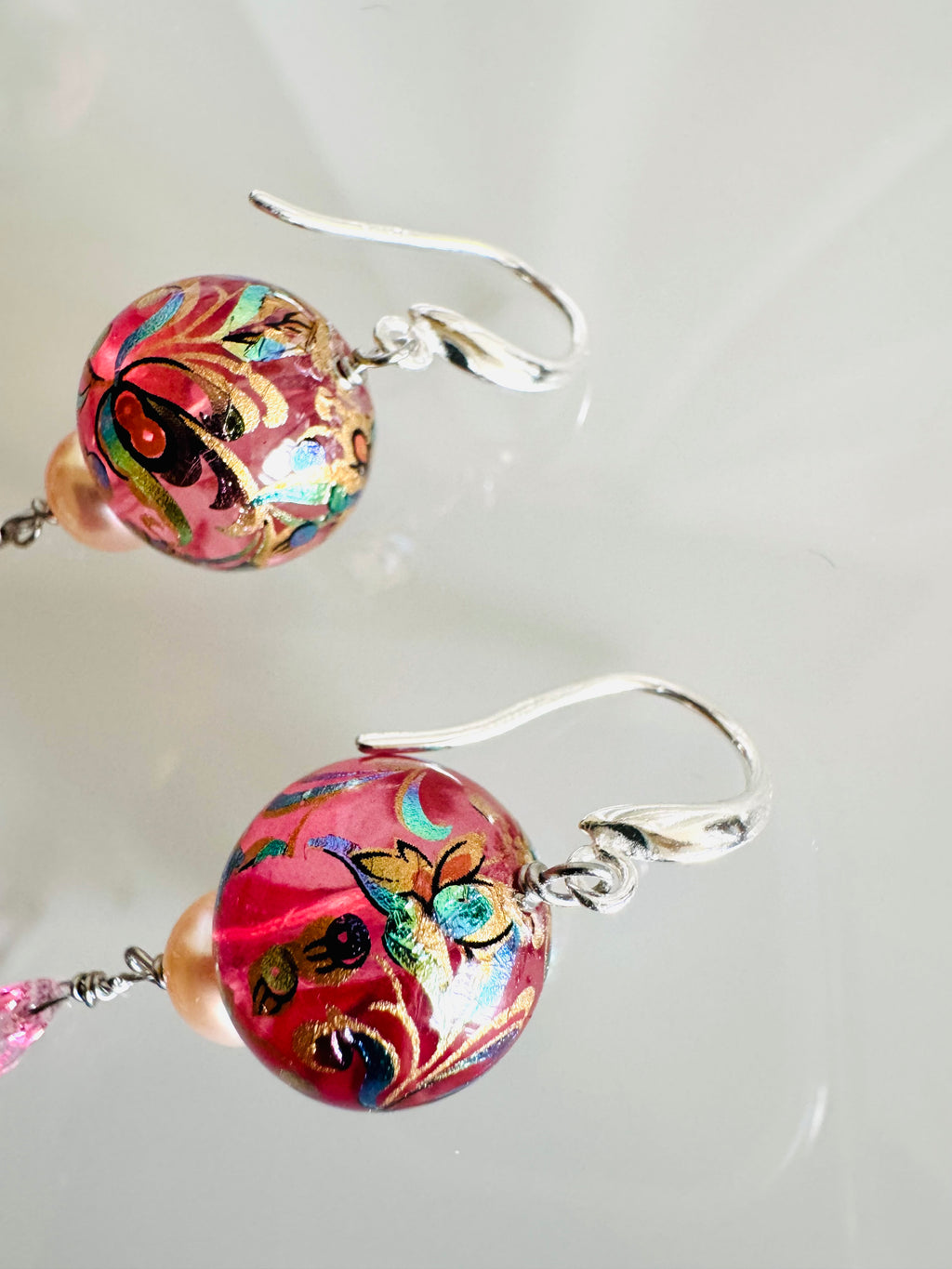 Japanese Tensha Floral Earrings, Pink Pearl Swarovski Crystal Drop, Sterling Silver Hooks