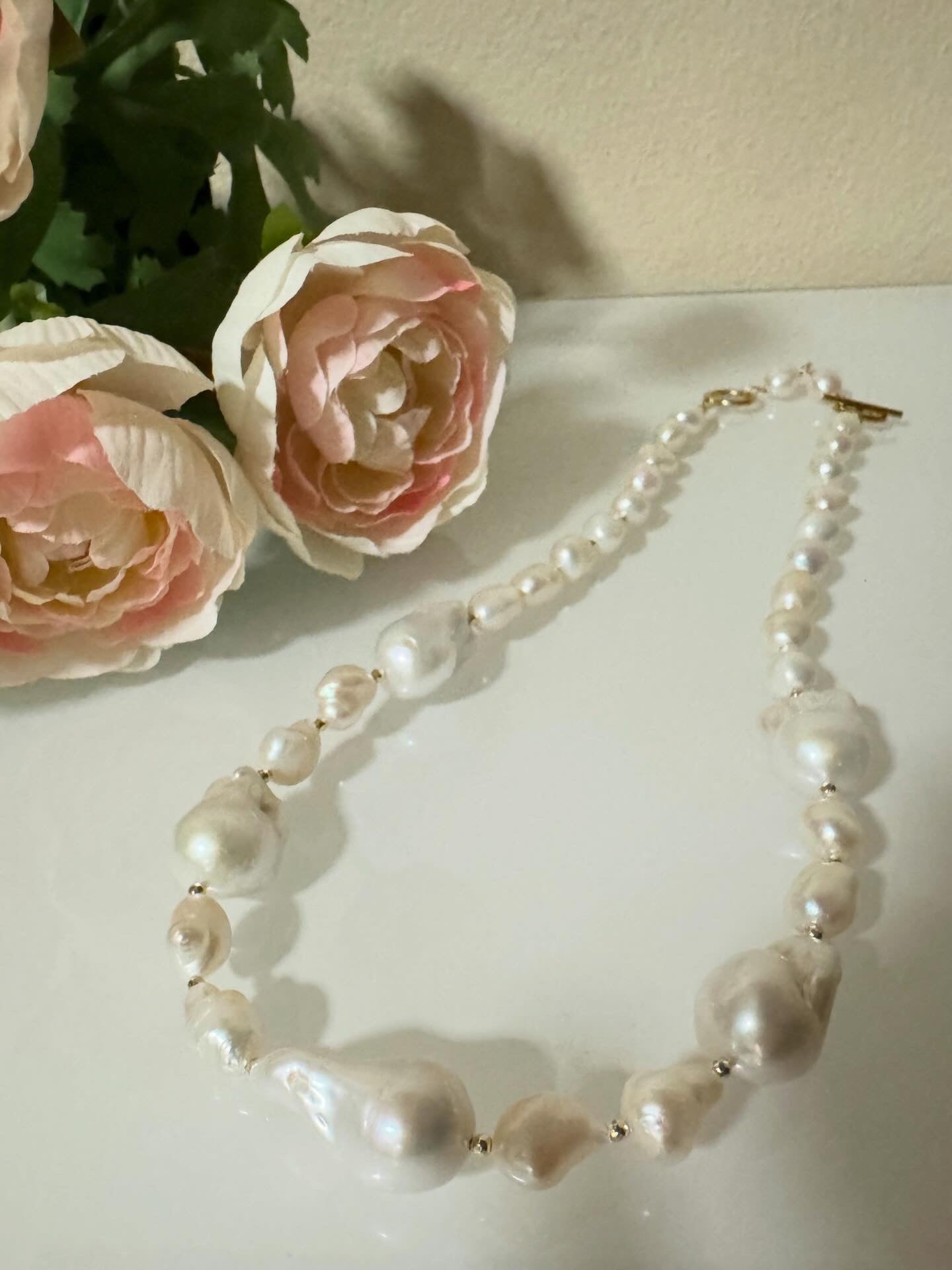 Freshwater baroque pearl golden hematite beads necklace with stainless gold clasps