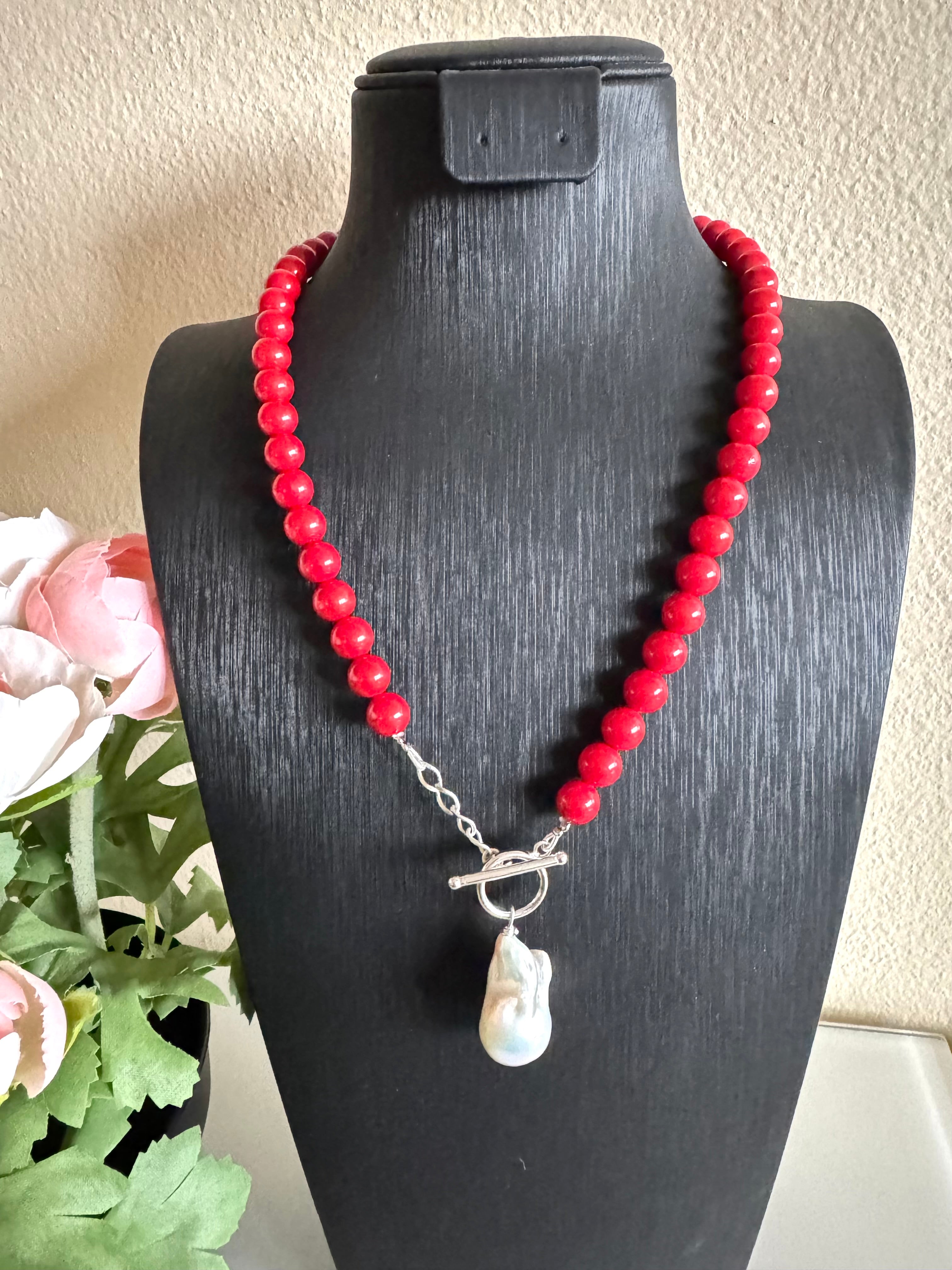 Sterling silver freshwater baroque pearl and red shell pearl necklace