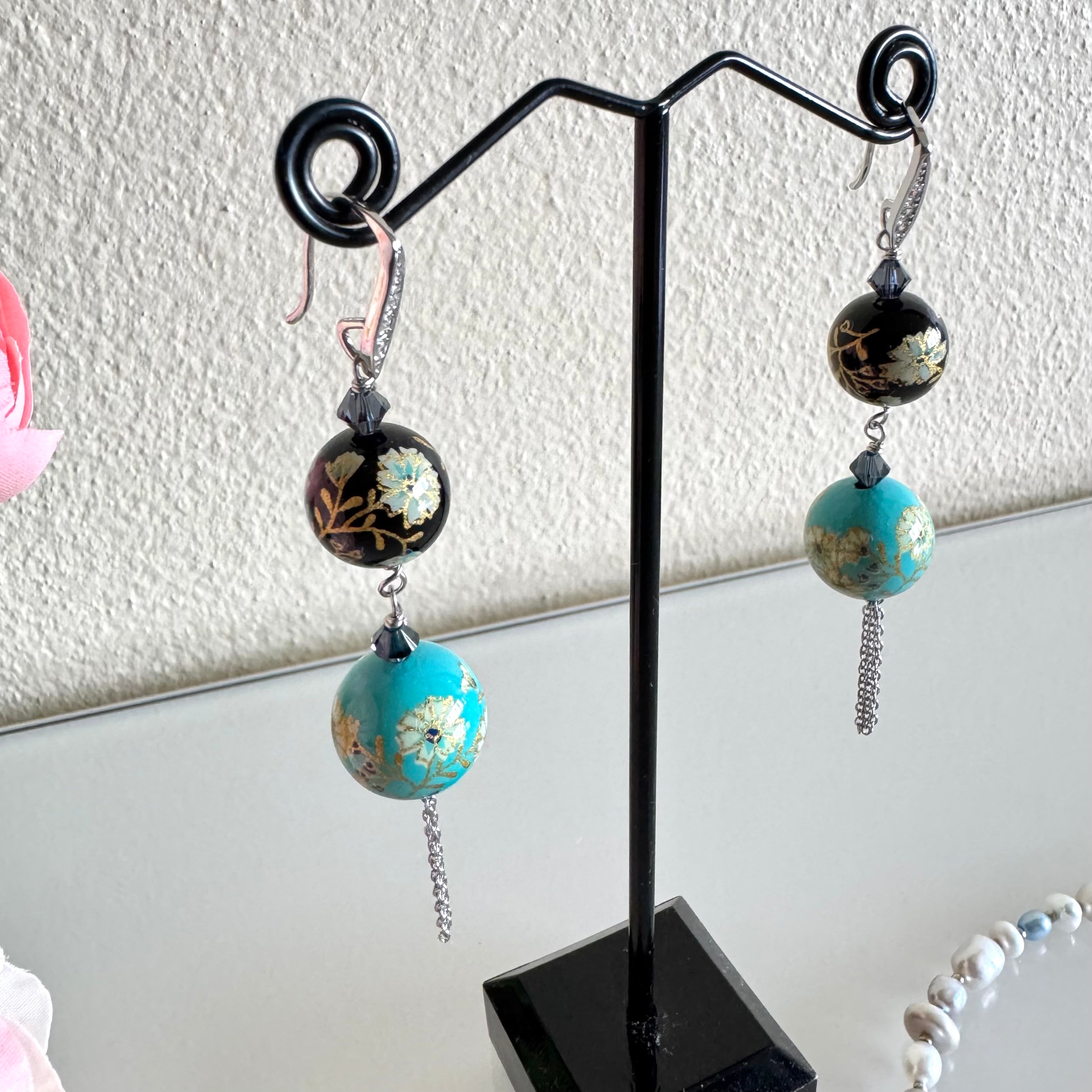 Sterling silver Japanese tensha beads and Swarovski elements crystal earrings with stainless chain and settings