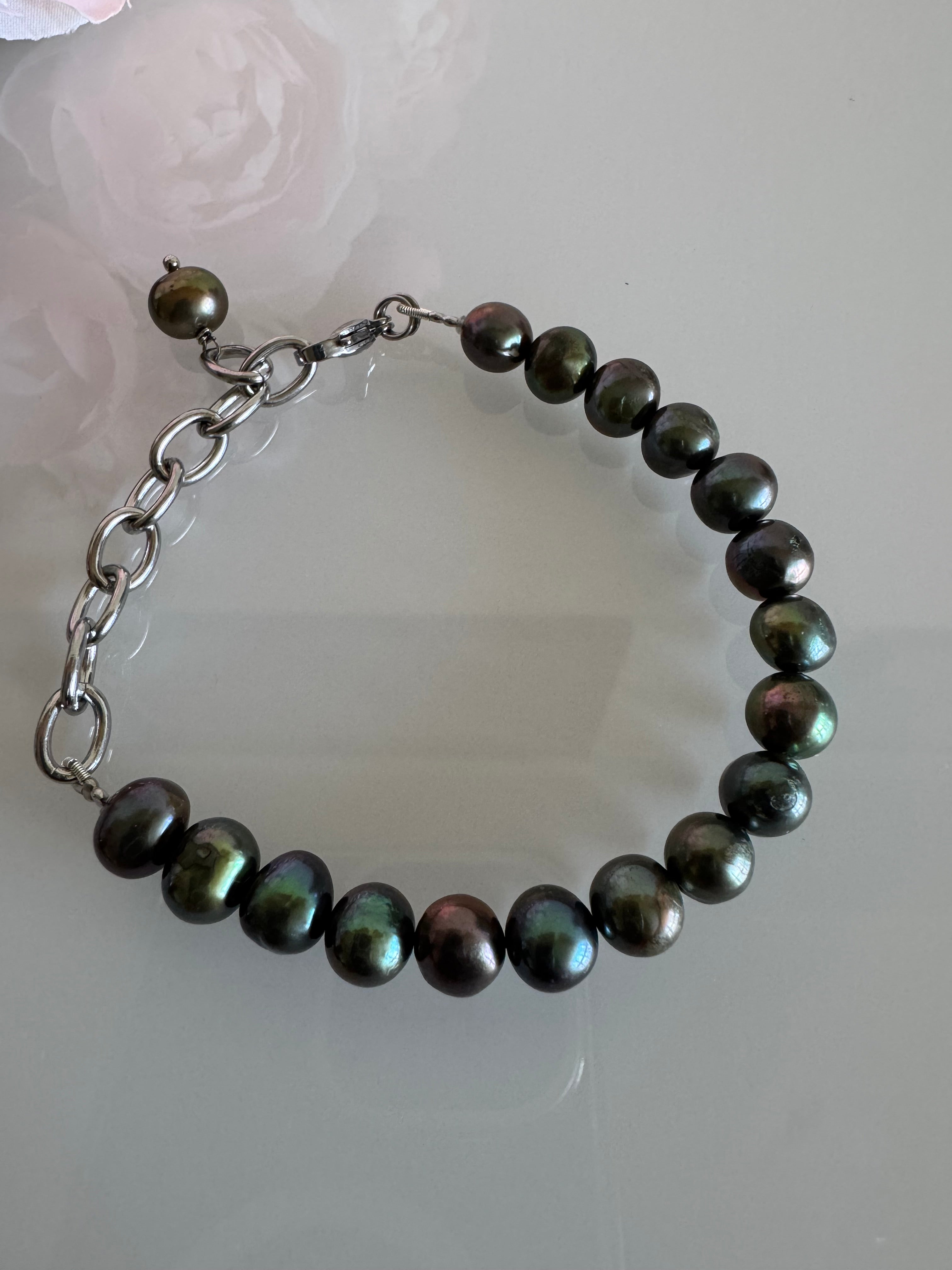 Freshwater Black Pearl Bracelet With Surgical Stainless Chains