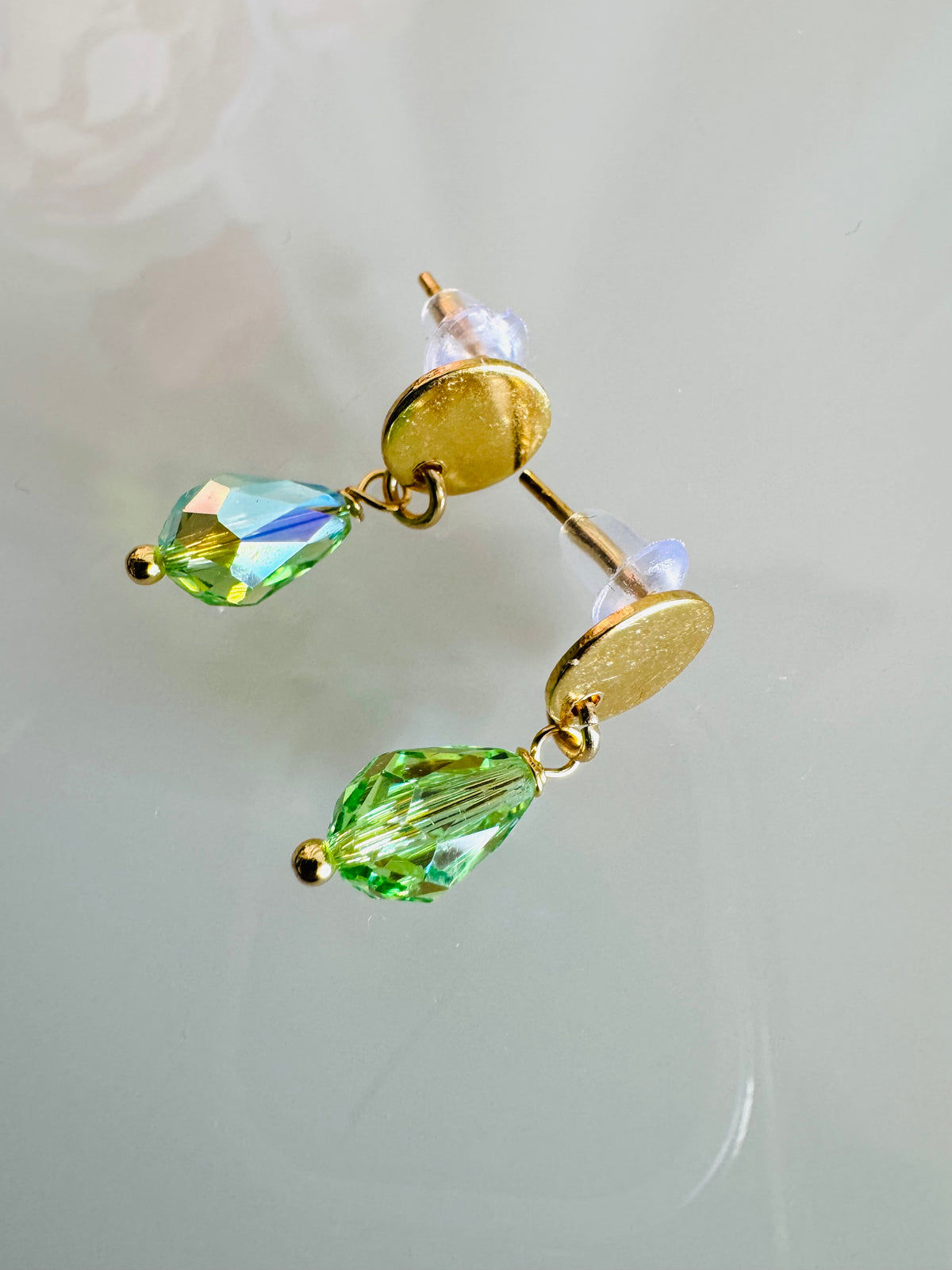 Peridot Green Crystal Drop Earrings, Swarovski Crystal & Surgical Stainless Gold Studs , Handmade in Australia