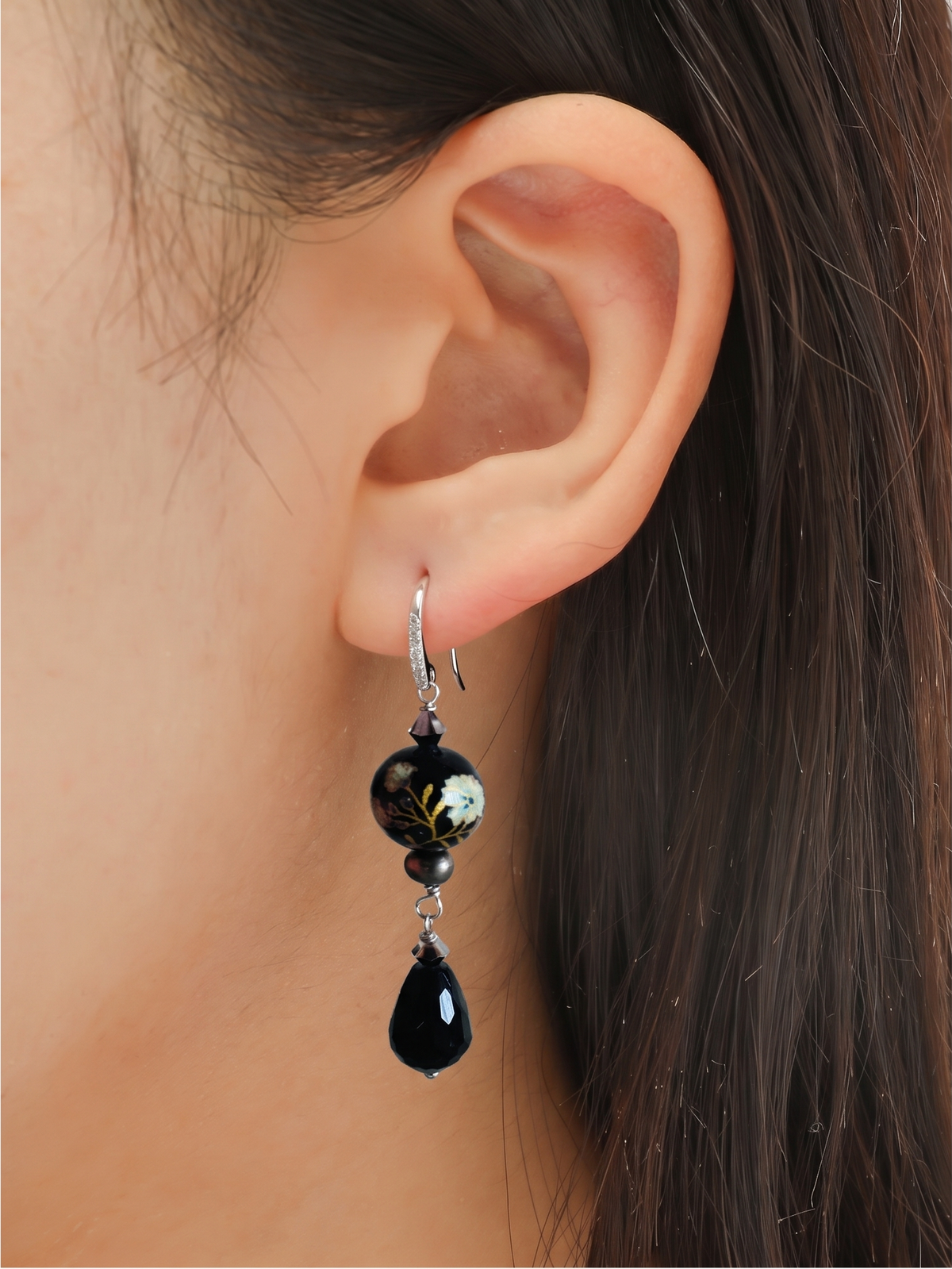 Japanese Tensha Bead & Onyx Earrings, Sterling Silver Freshwater Black Pearl Dangle Earrings, Swarovski Crystal, Handmade Australia