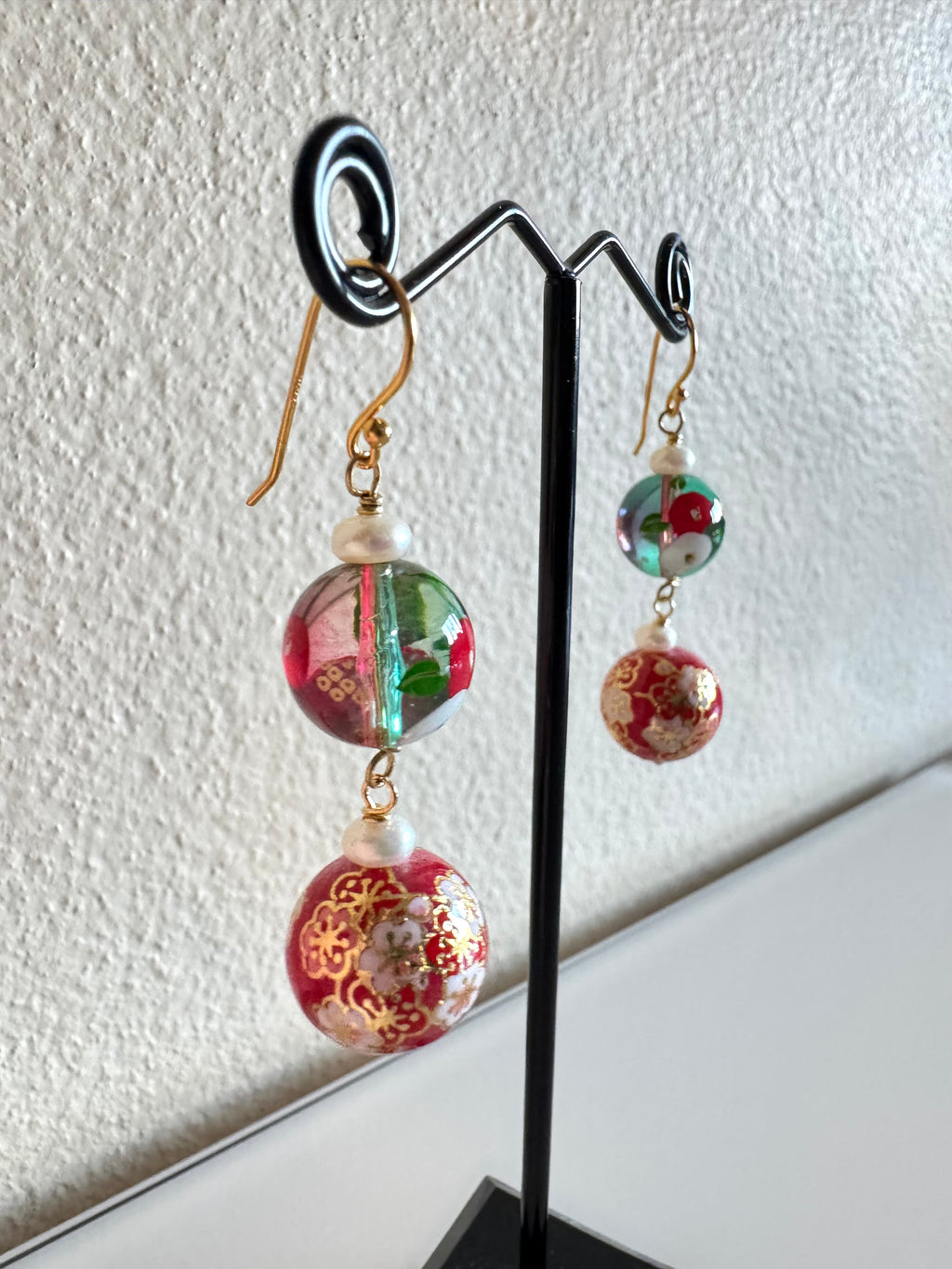 Japanese tensha beads and freshwater pearl earrings with sterling silver gold hooks