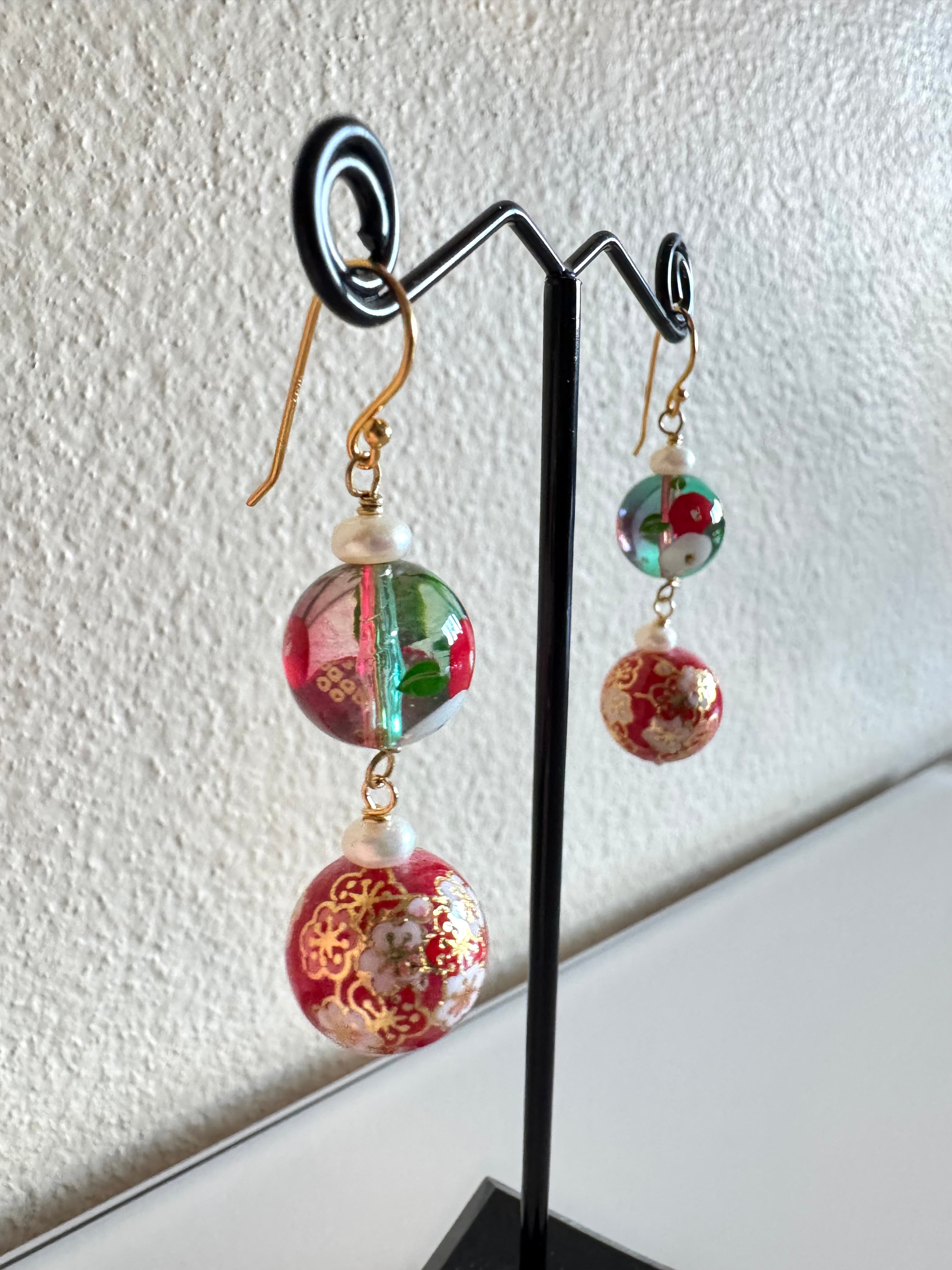 Japanese tensha beads and freshwater pearl earrings with sterling silver gold hooks
