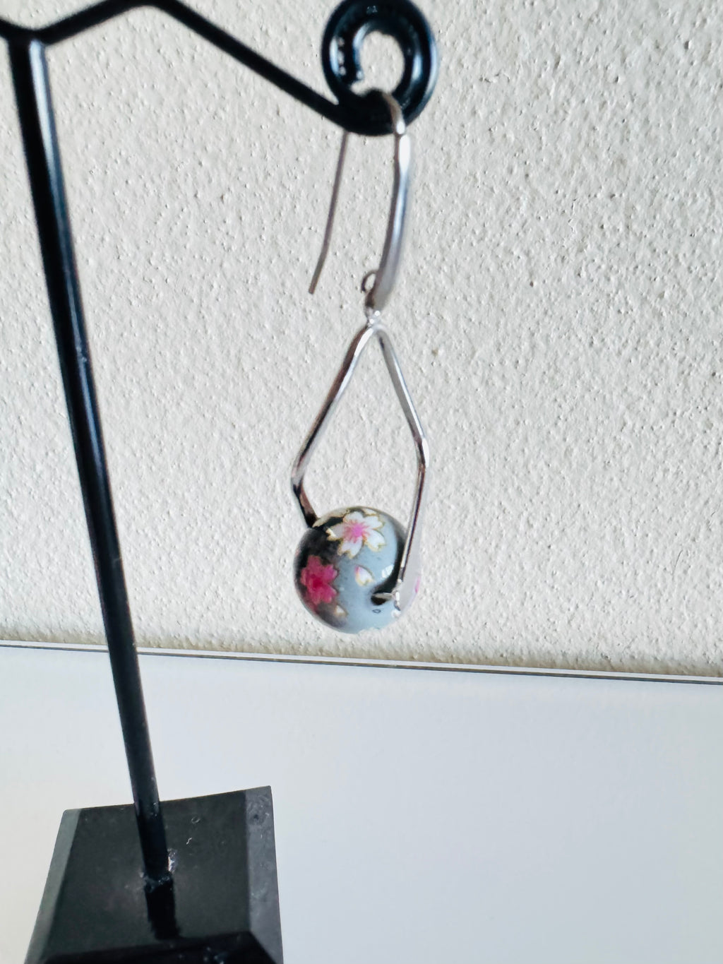 Japanese Tensha Beads Earrings - Black Sakura Floral | Stainless Steel Hooks
