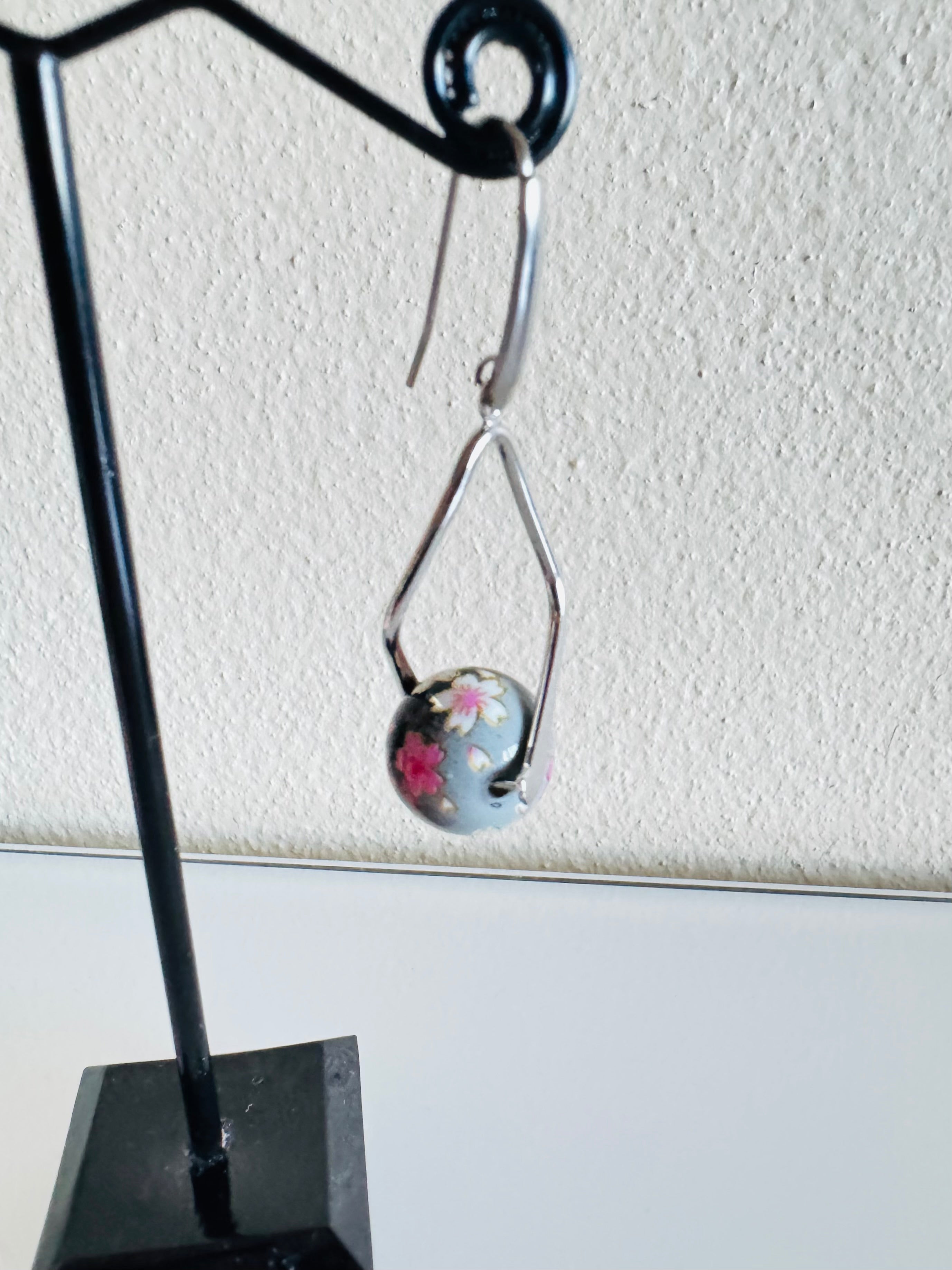 Japanese Tensha Beads Earrings - Black Sakura Floral | Stainless Steel Hooks
