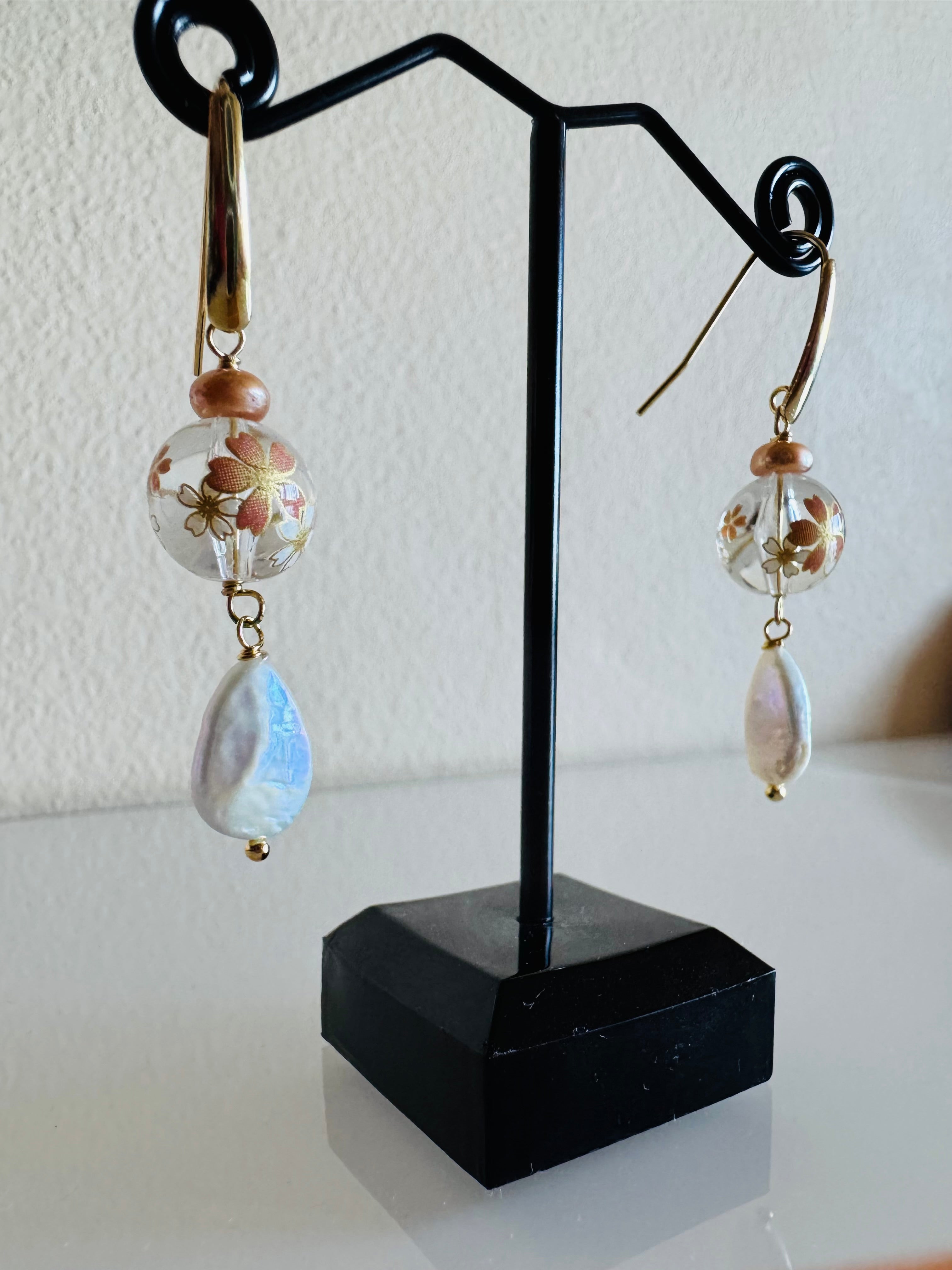 Japanese Tensha Beads Freshwater White Drop and Golden Pearls with Surgical Stainless Gold Hook Earrings