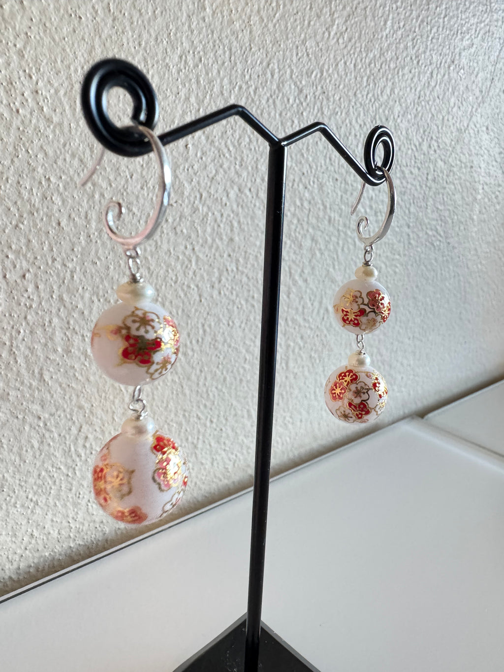 Sterling silver Japanese tensha beads and freshwater pearl earrings