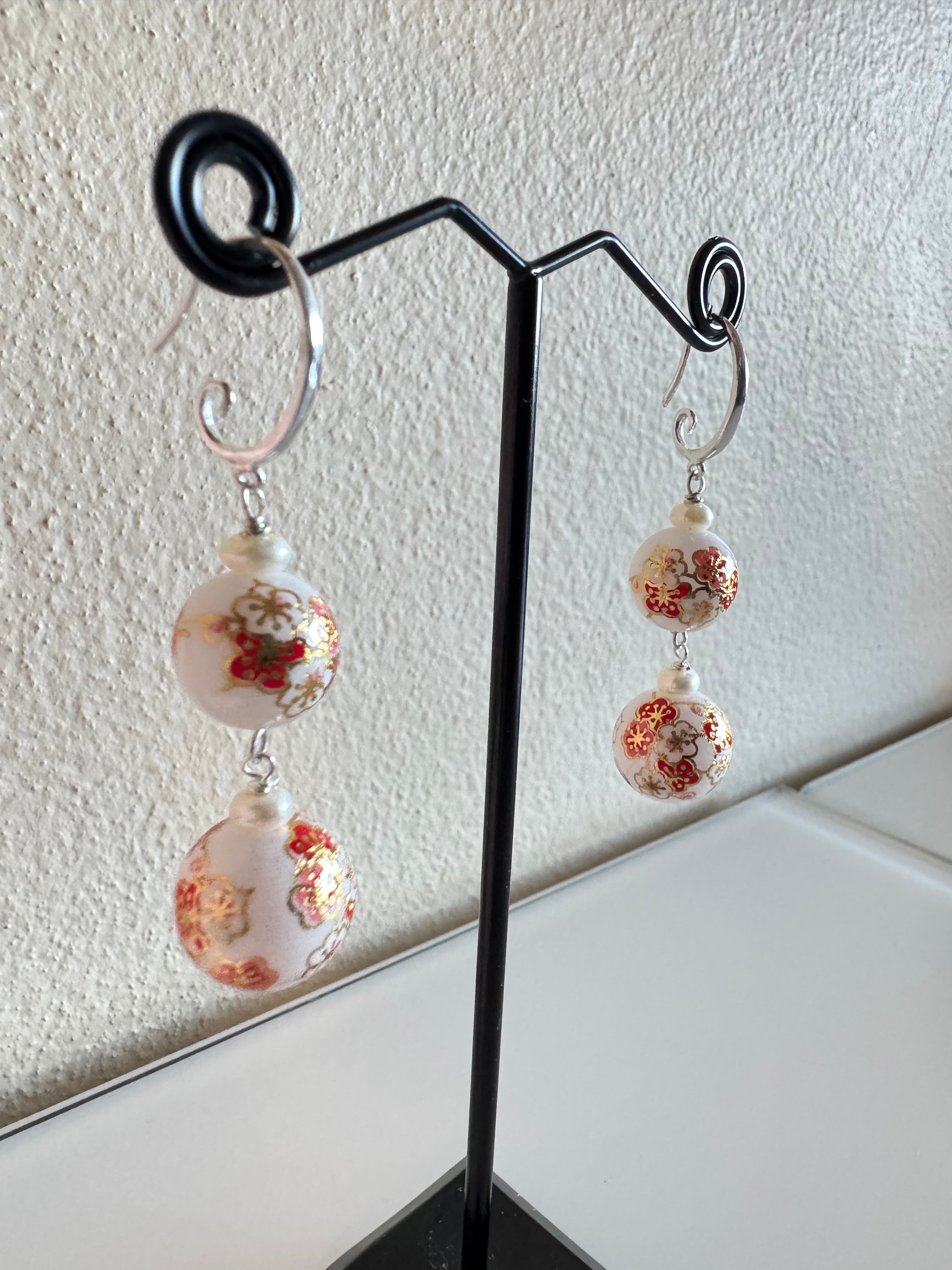 Sterling silver Japanese tensha beads and freshwater pearl earrings