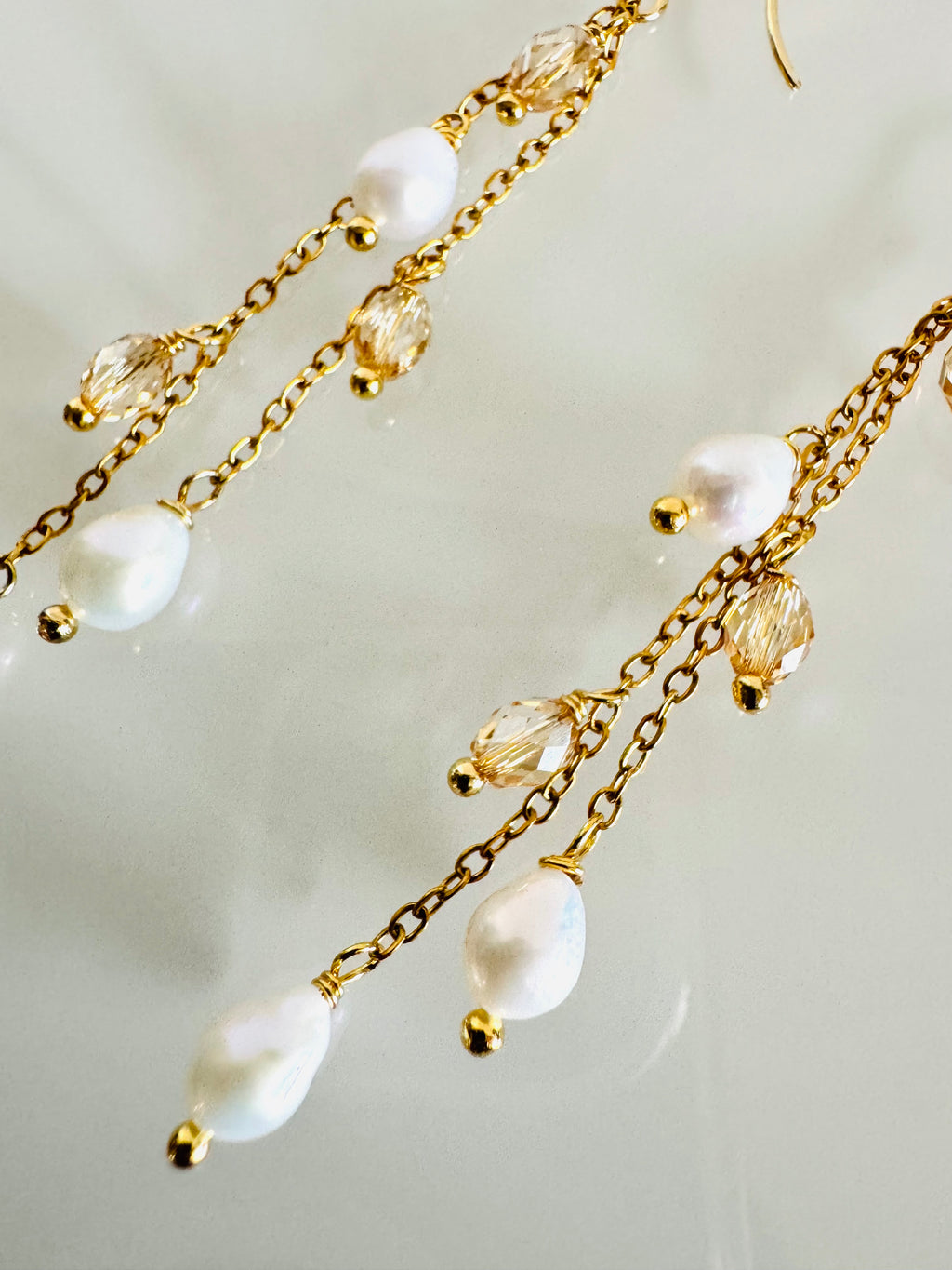 Teardrop Freshwater Pearl & Swarovski Crystal Earrings – Surgical Stainless Gold, Long Drop