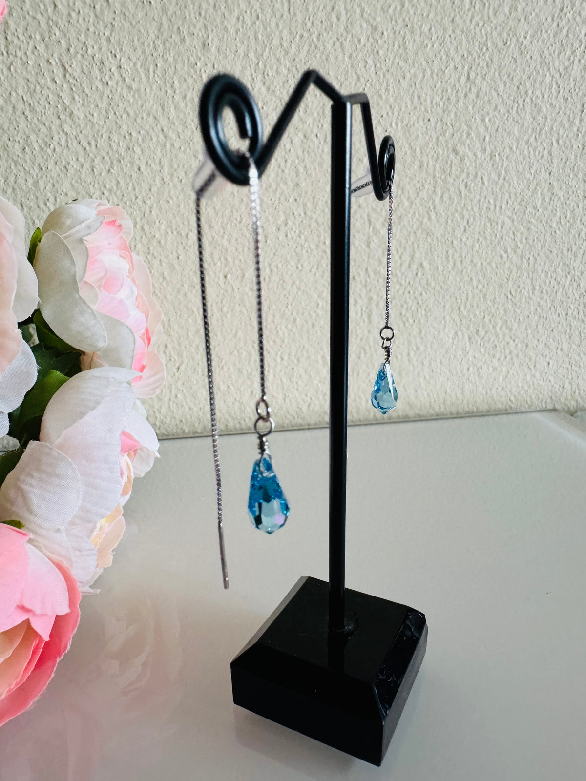 Swarovski Crystal Drop Earrings, Sterling Silver Aqua Blue Dangle Chain Earrings, Handmade Australian Jewellery, Rodium Plated Silver